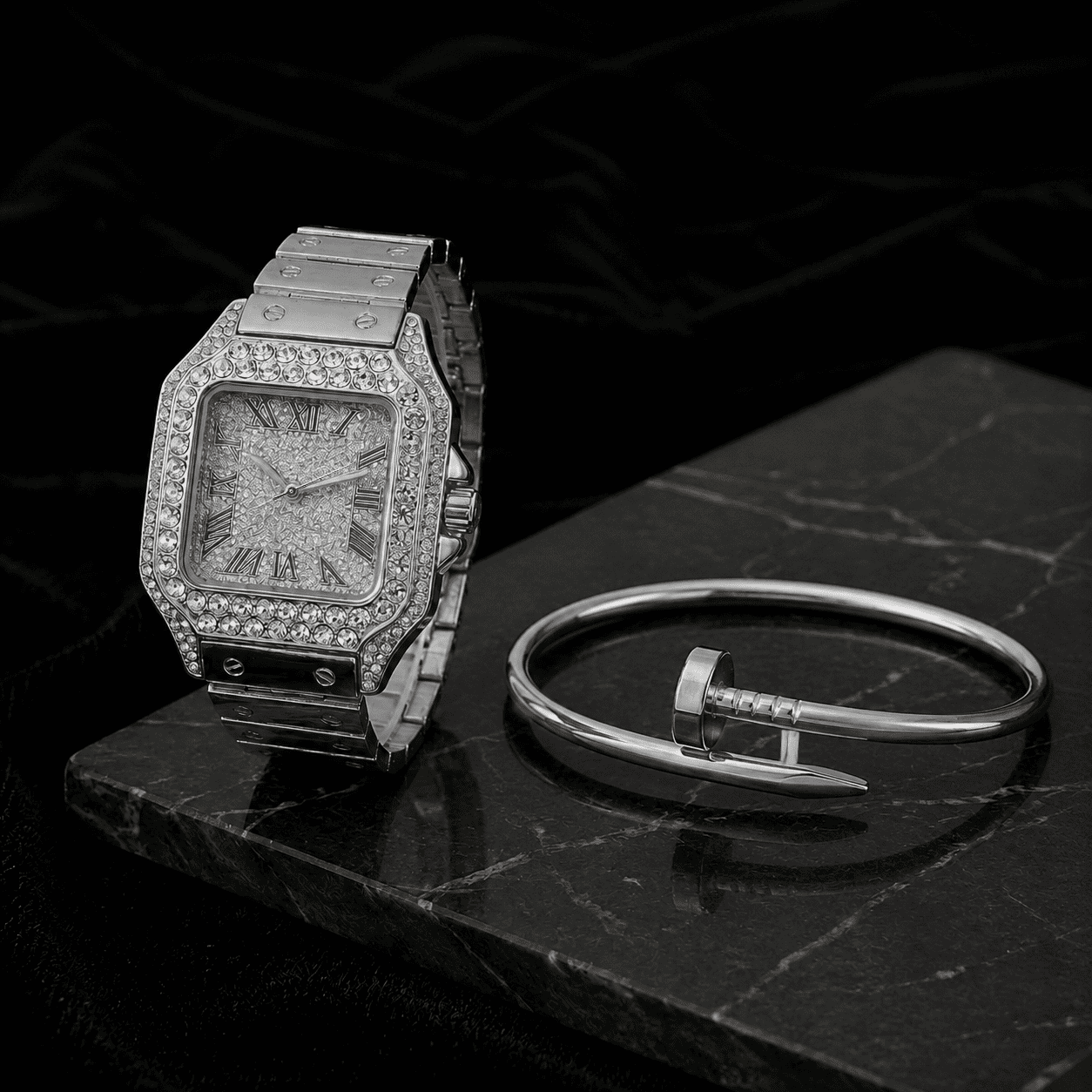 40mm Iced Square Watch and Nail Bangle Set