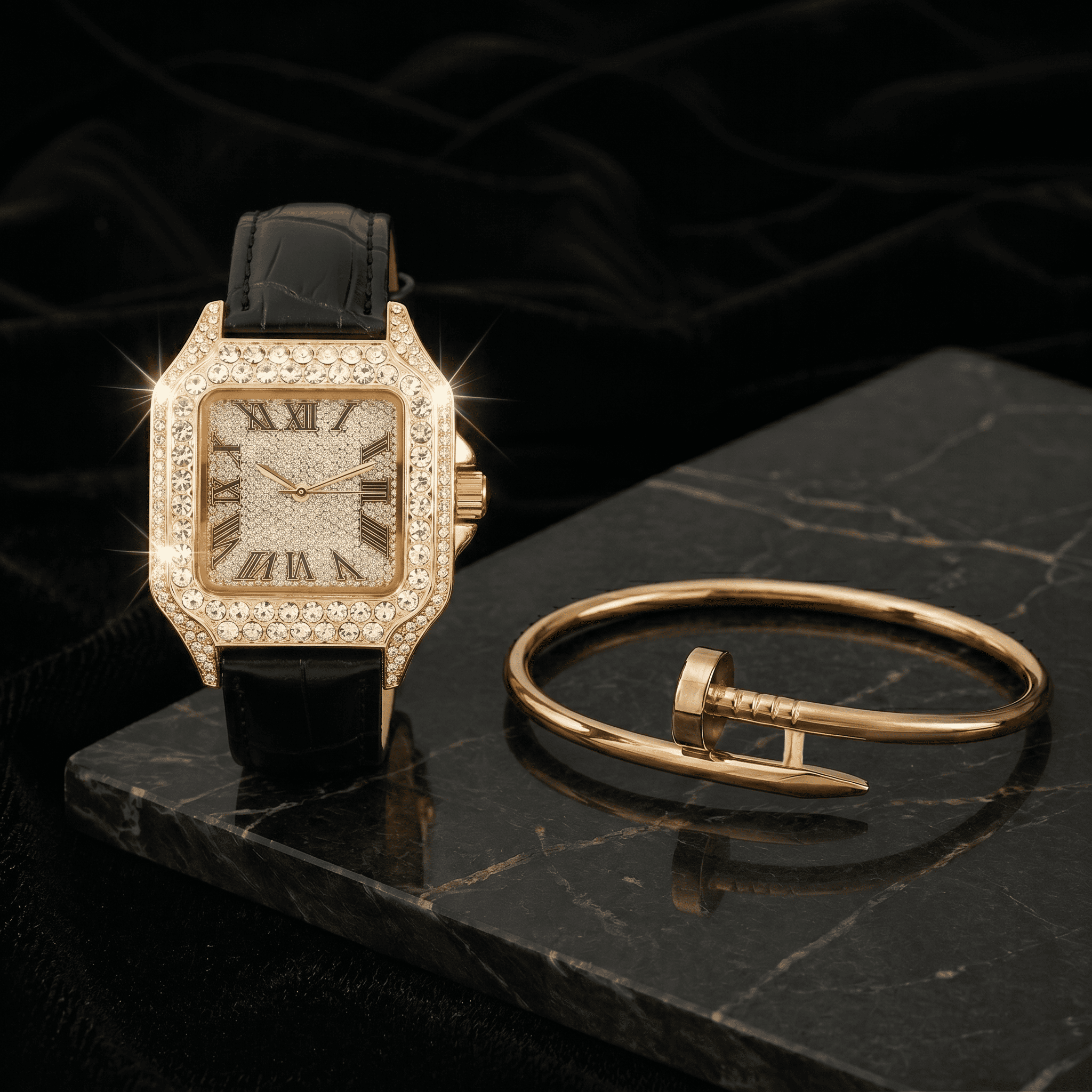 32mm Iced Square Watch and Nail Bangle Set
