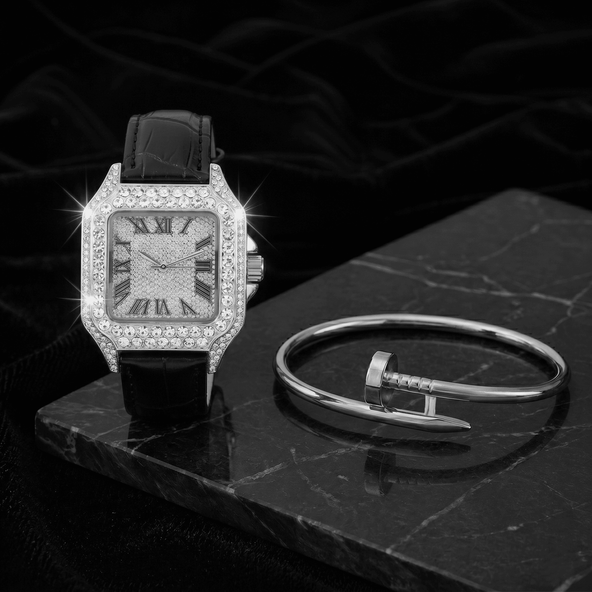 32mm Iced Square Watch and Nail Bangle Set