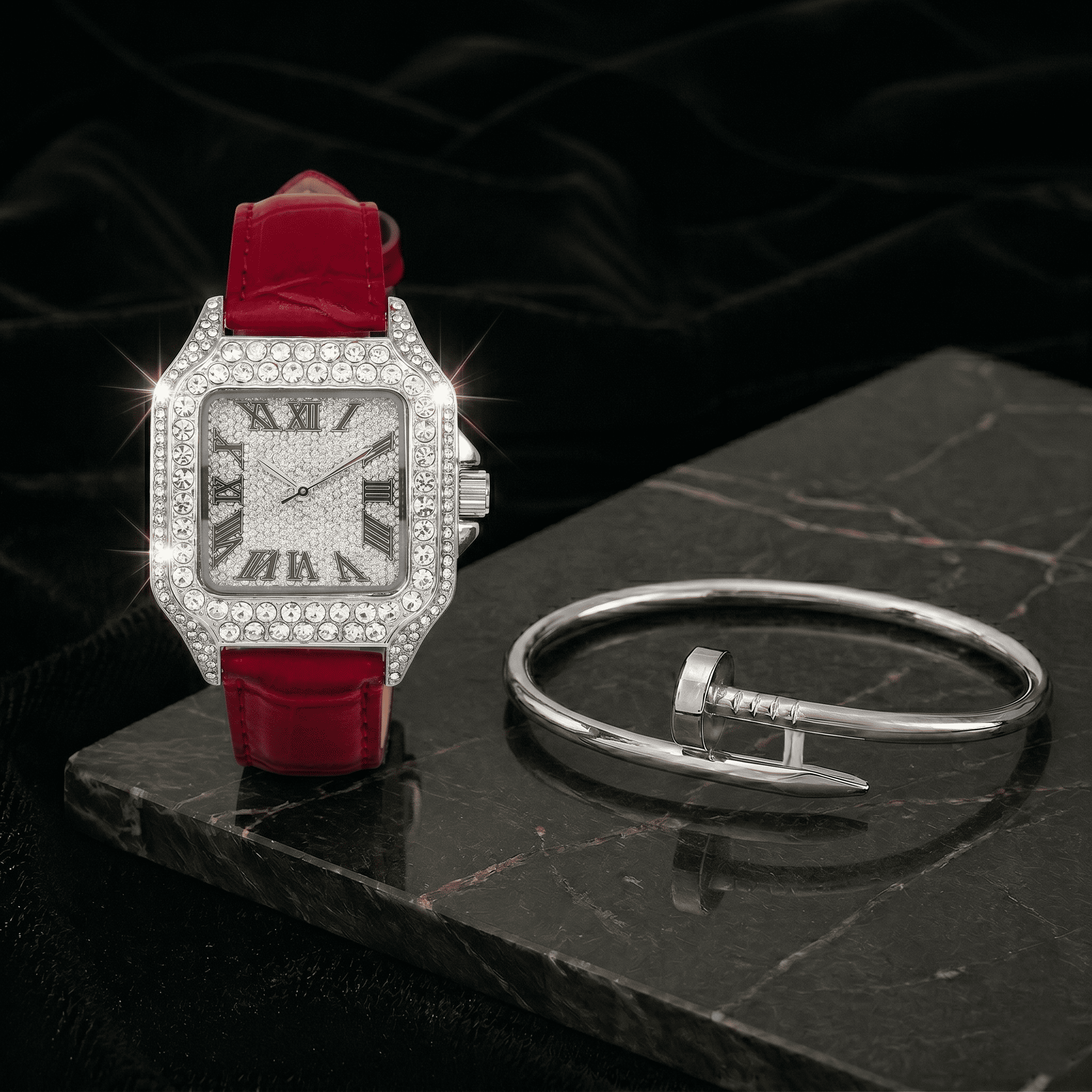 32mm Iced Square Watch and Nail Bangle Set