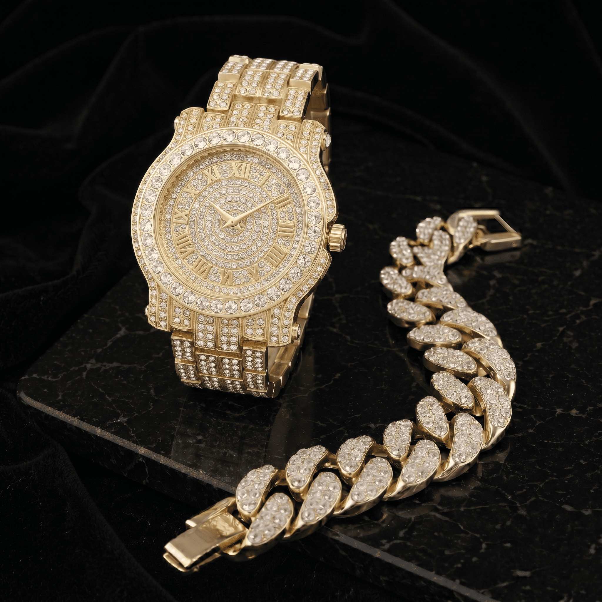 Men's 45mm Iced Out Roman Dial Watch & Cuban Bracelet Set