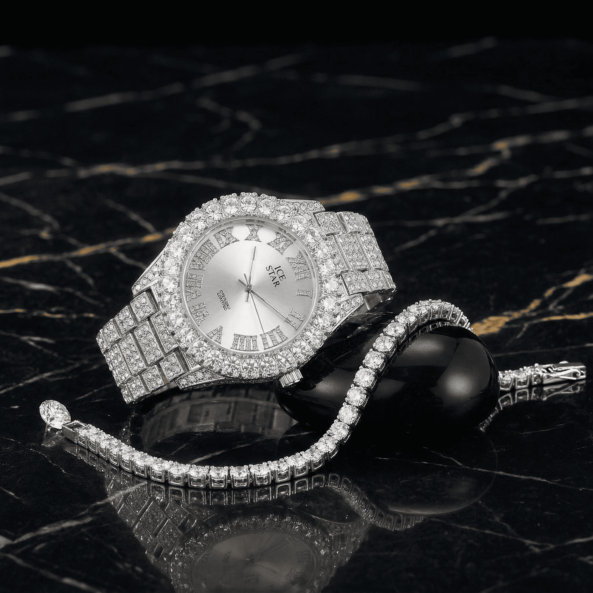 Women's 44mm Iced Out Solitaire Bezel Watch & Tennis Bracelet Set