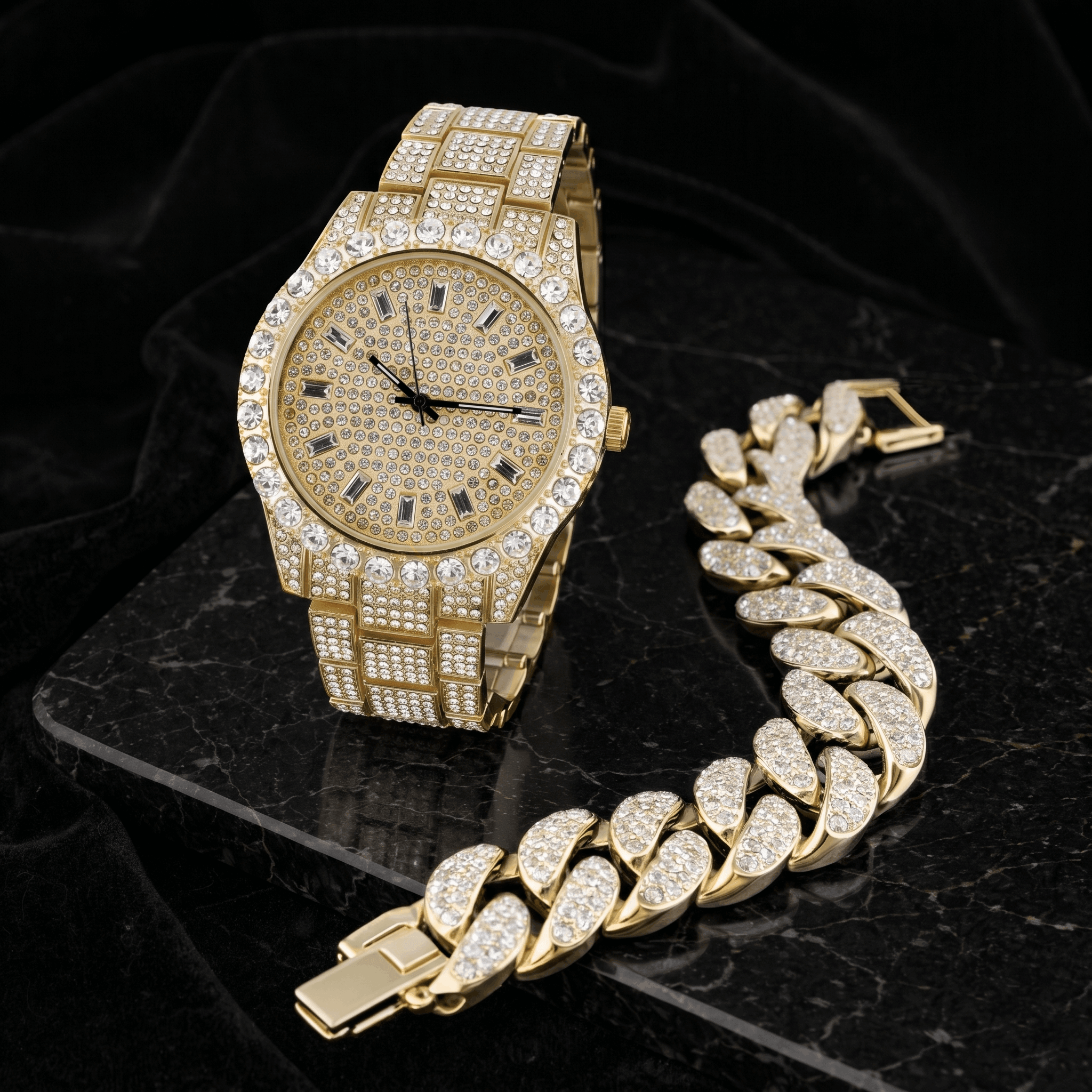 Men's 44mm Iced Out Baguette Watch & Cuban Bracelet Set