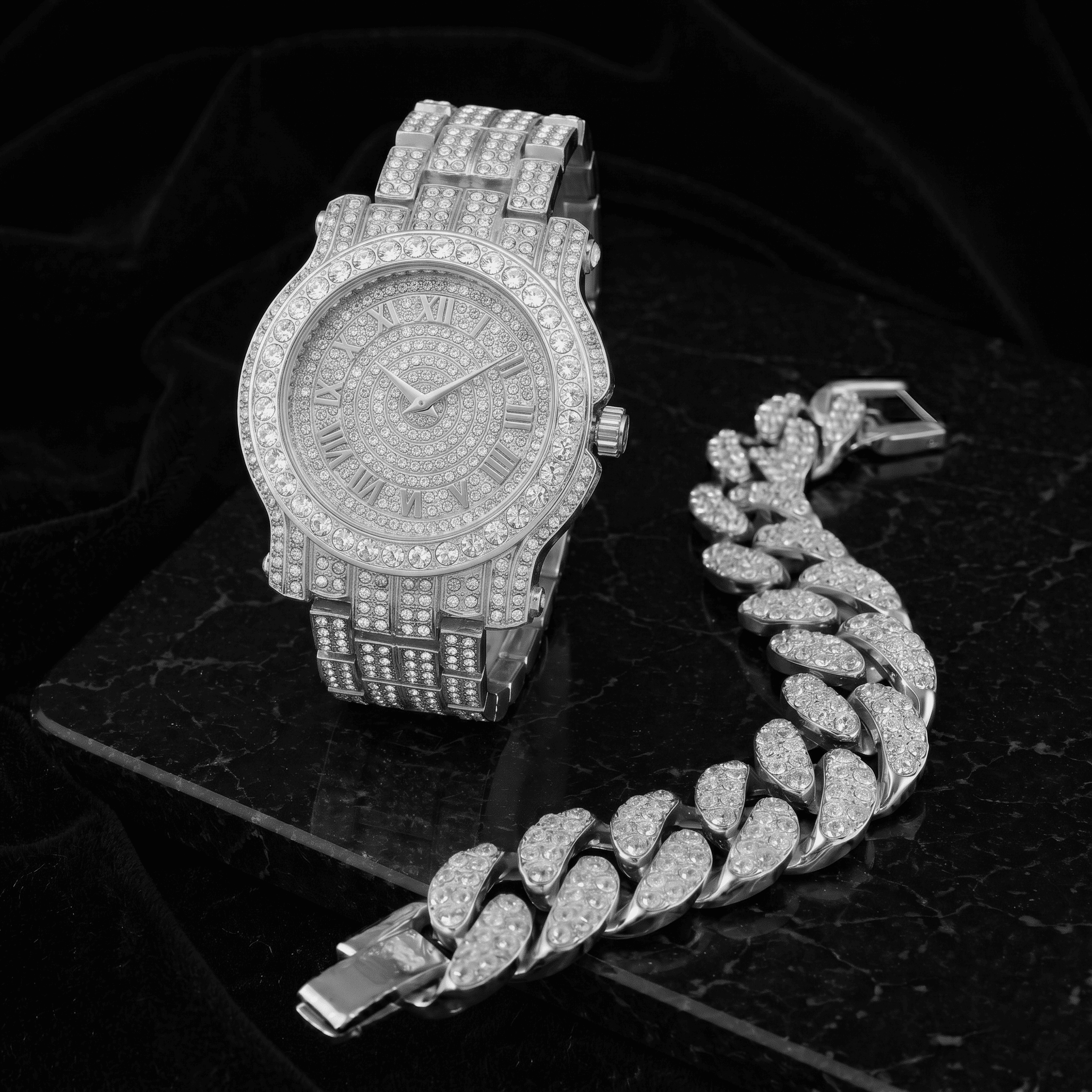 Men's 45mm Iced Out Roman Dial Watch & Cuban Bracelet Set