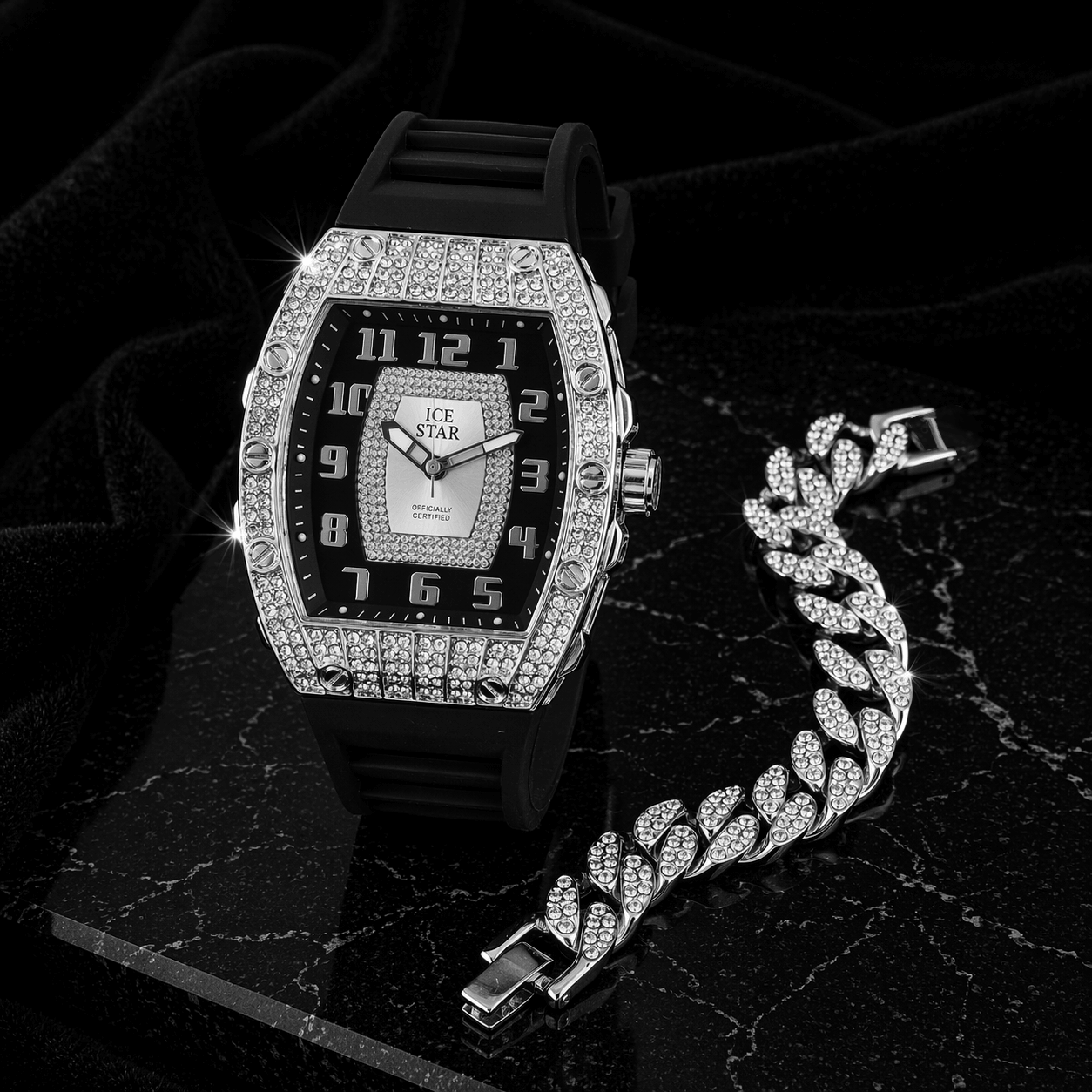 Men’s 41mm Iced Out Tonneau Watch and Cuban Bracelet Set