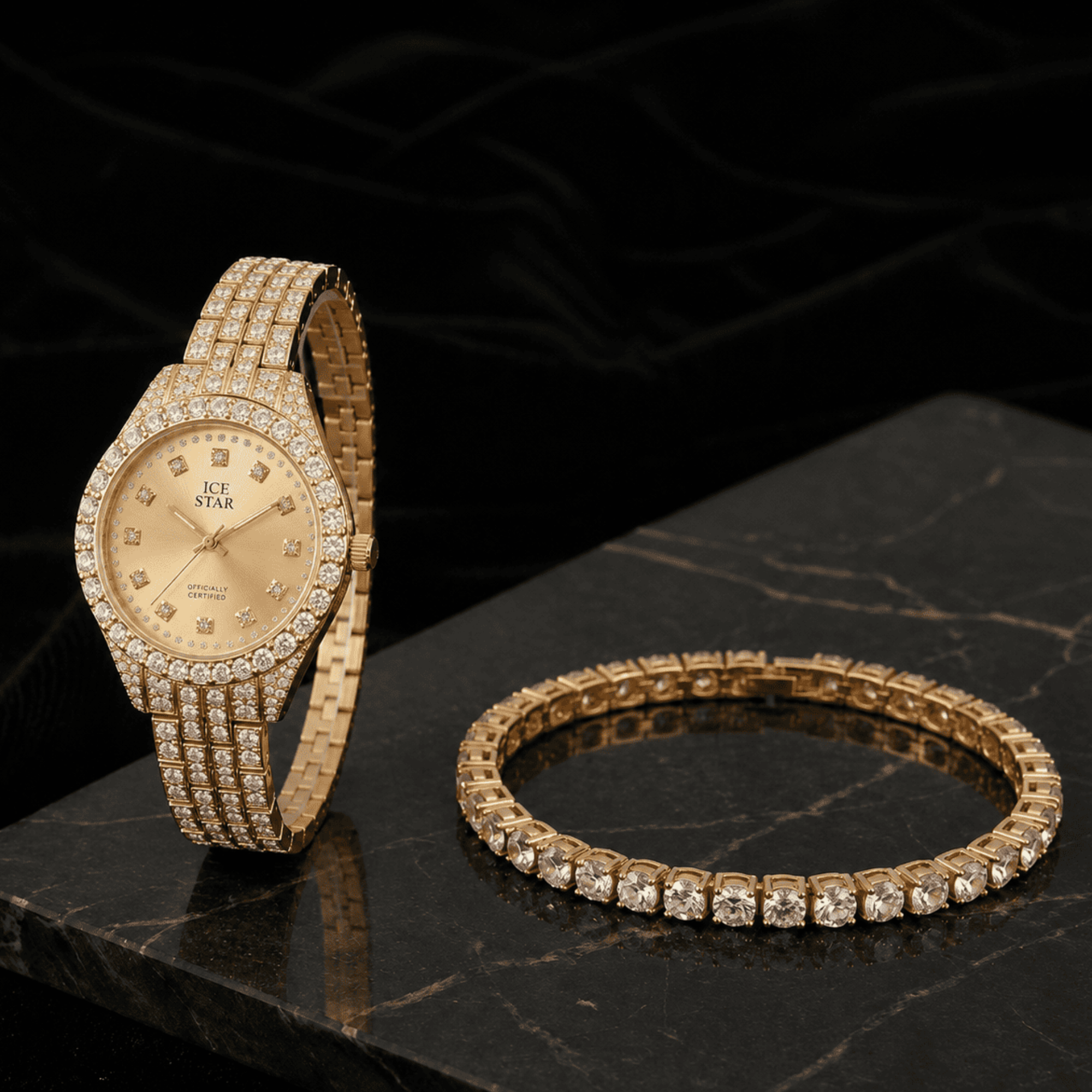 Women's 32mm Iced Out Round Watch and Tennis Bracelet Set
