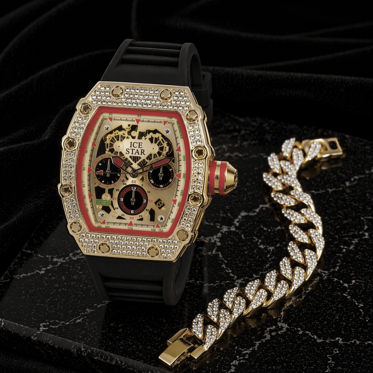 Men's 45mm Iced Out Tonneau Watch and Cuban Bracelet Set