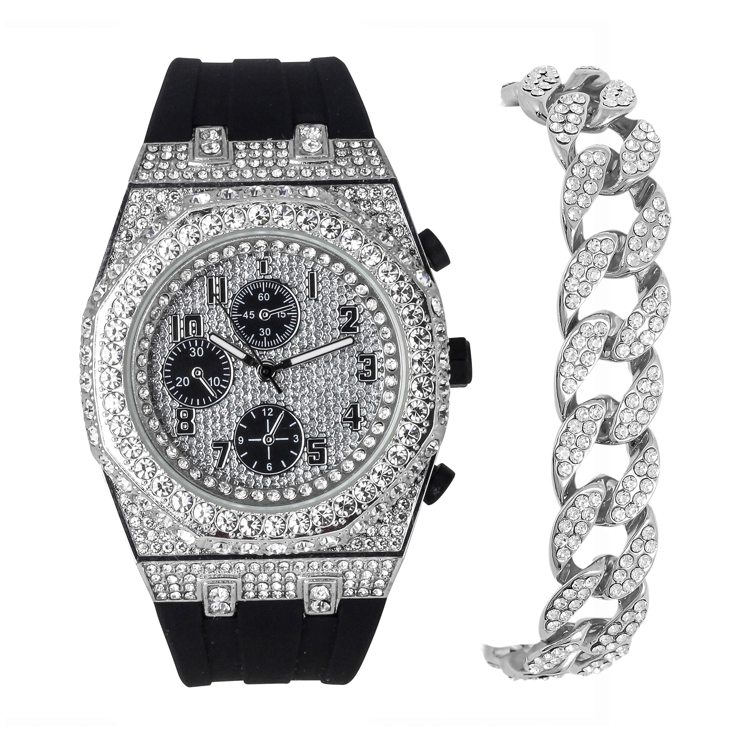 Men's 43mm Iced Out Octagon Watch and Cuban Link Bracelet Set