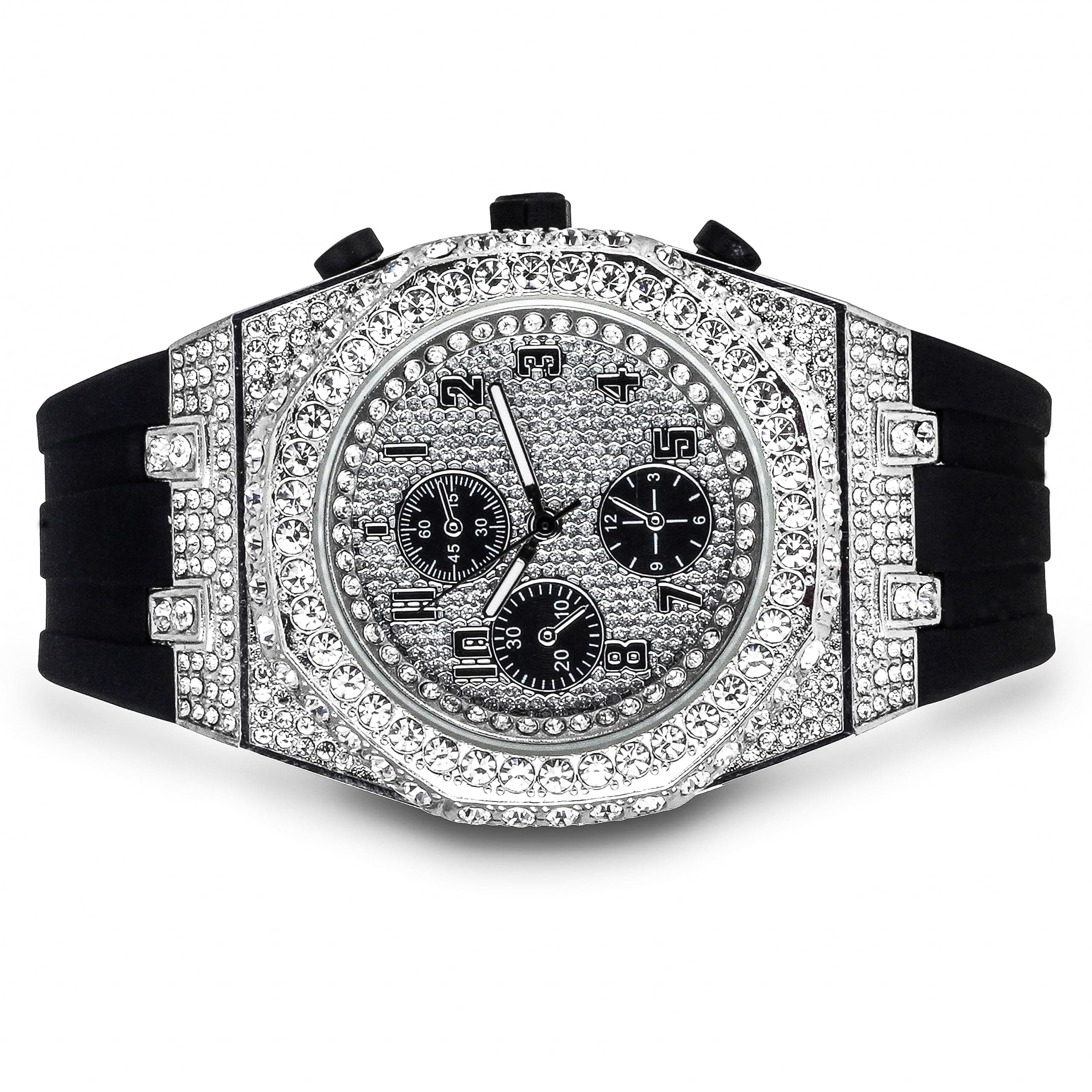 Men's 43mm Iced Out Octagon Watch and Cuban Link Bracelet Set