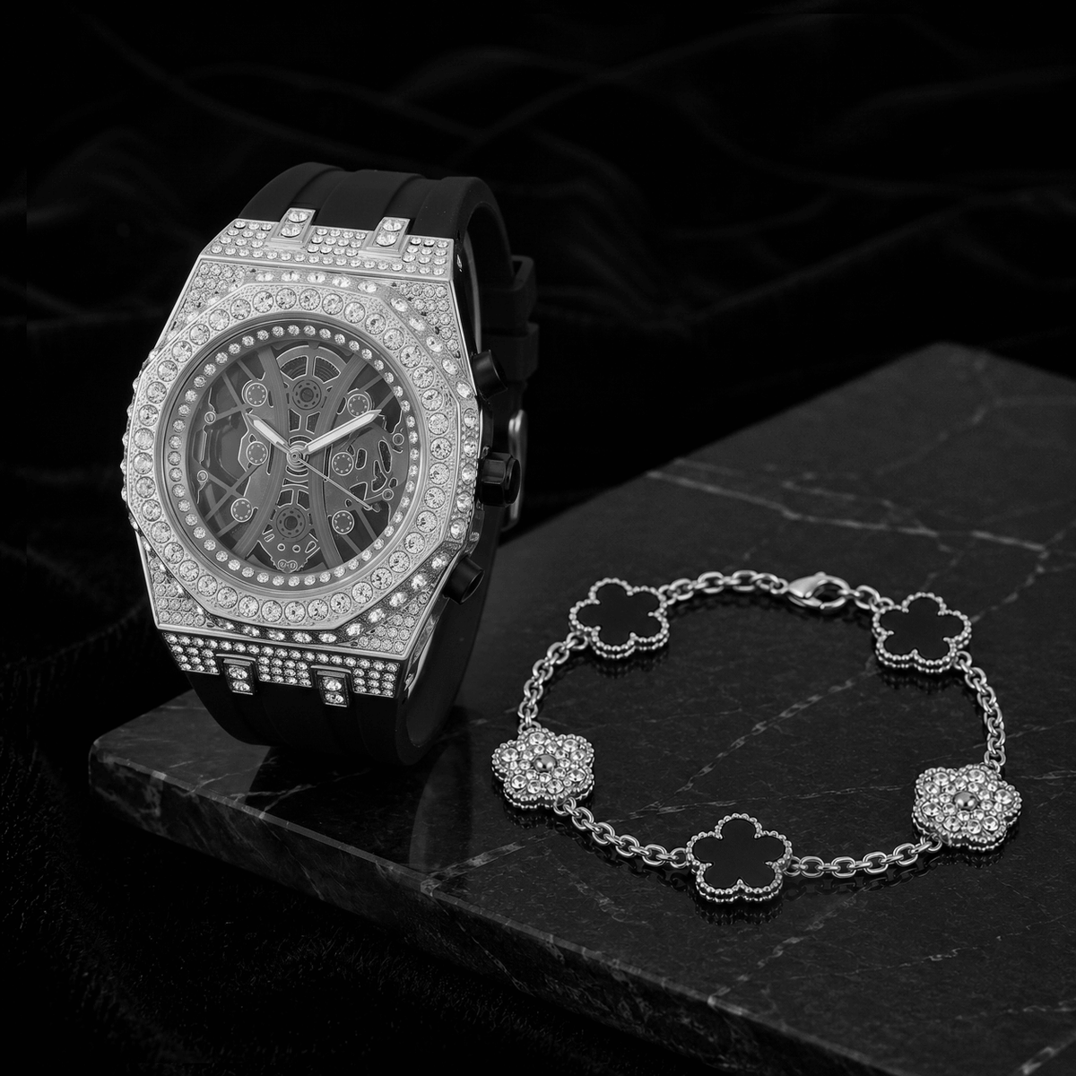 Men’s Iced-Out Watch and Clover Link Bracelet Set