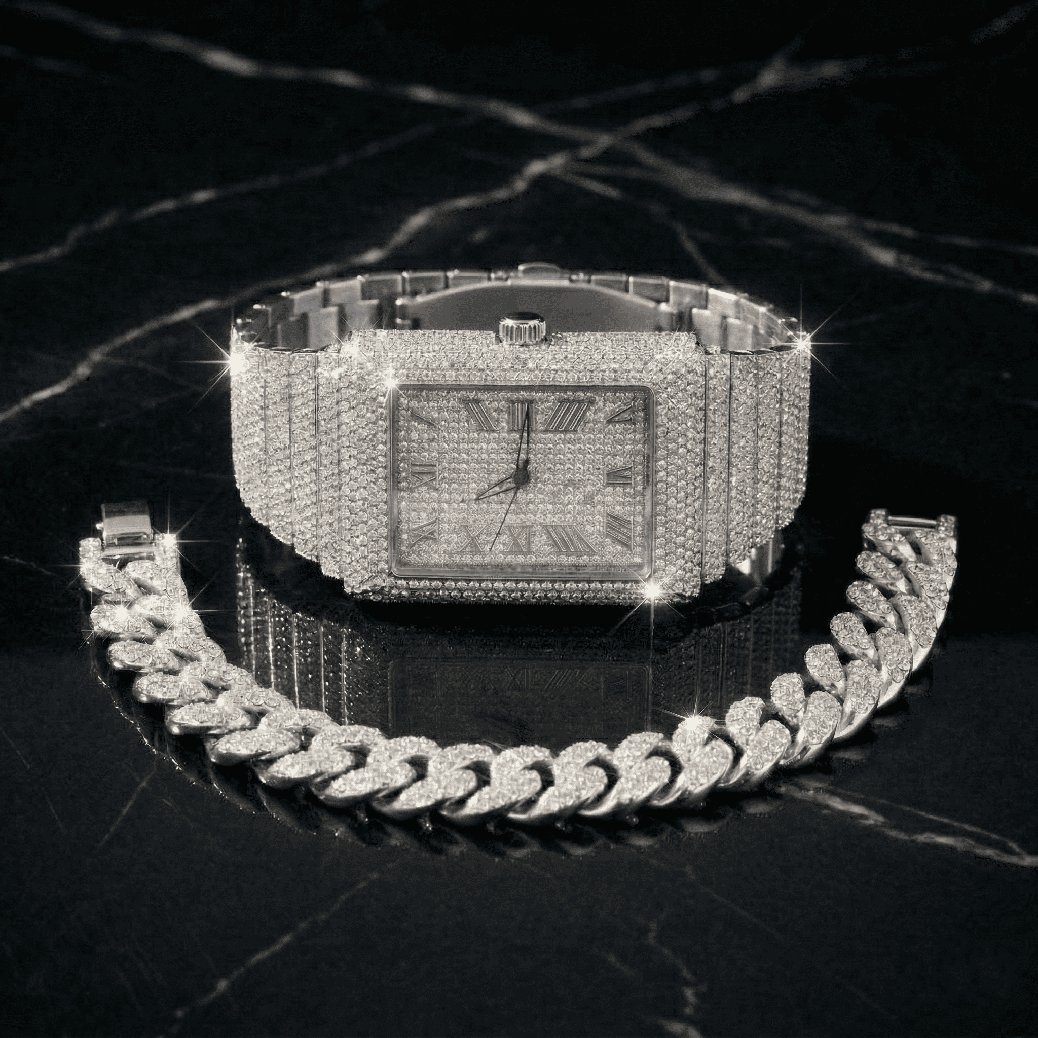 Men's 40mm Iced Out Rectangle Watch and Cuban Bracelet Set