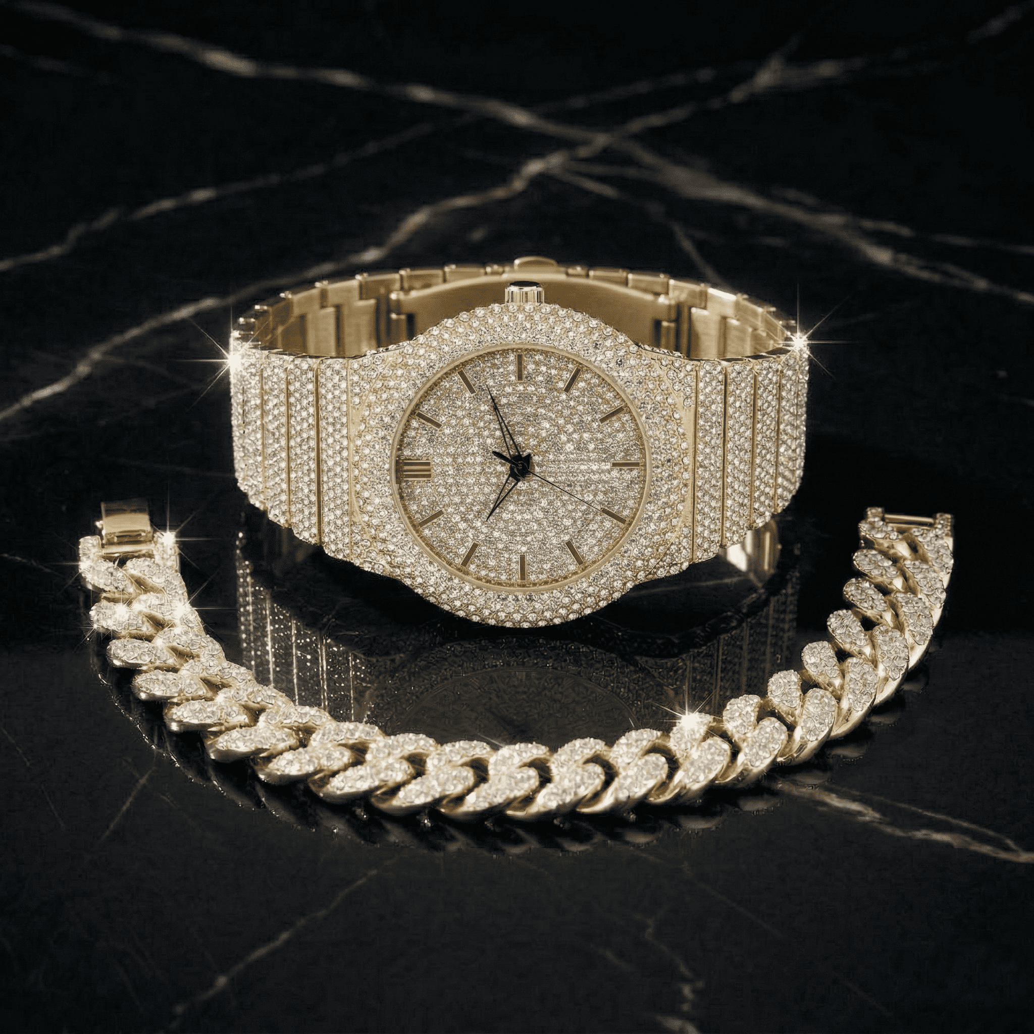 Men's 46mm Iced Out Round Watch and Cuban Link Bracelet Set