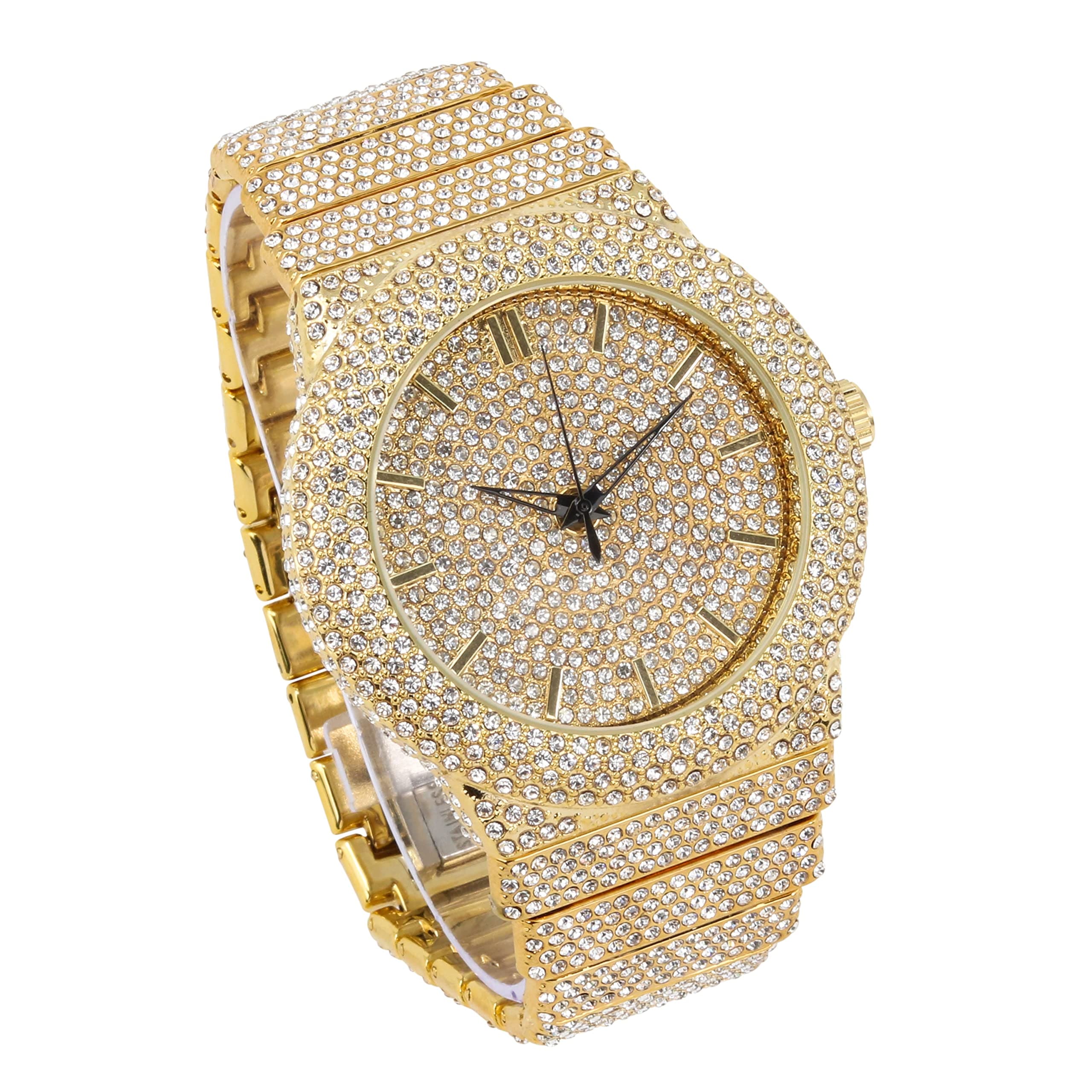 Men's 46mm Iced Out Round Watch and Cuban Link Bracelet Set