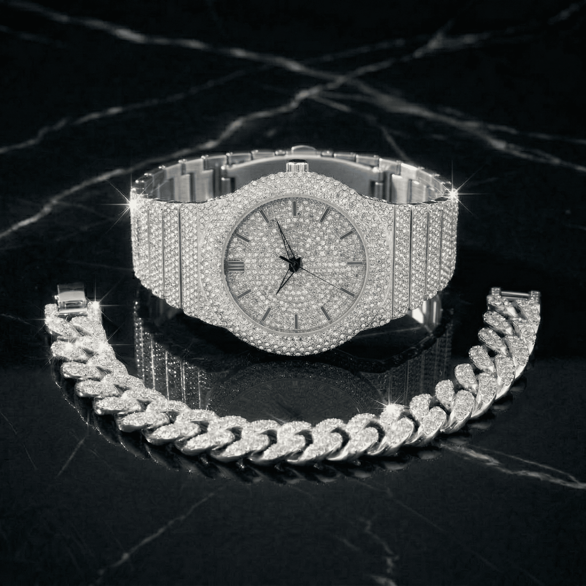 Men's 46mm Iced Out Round Watch and Cuban Link Bracelet Set