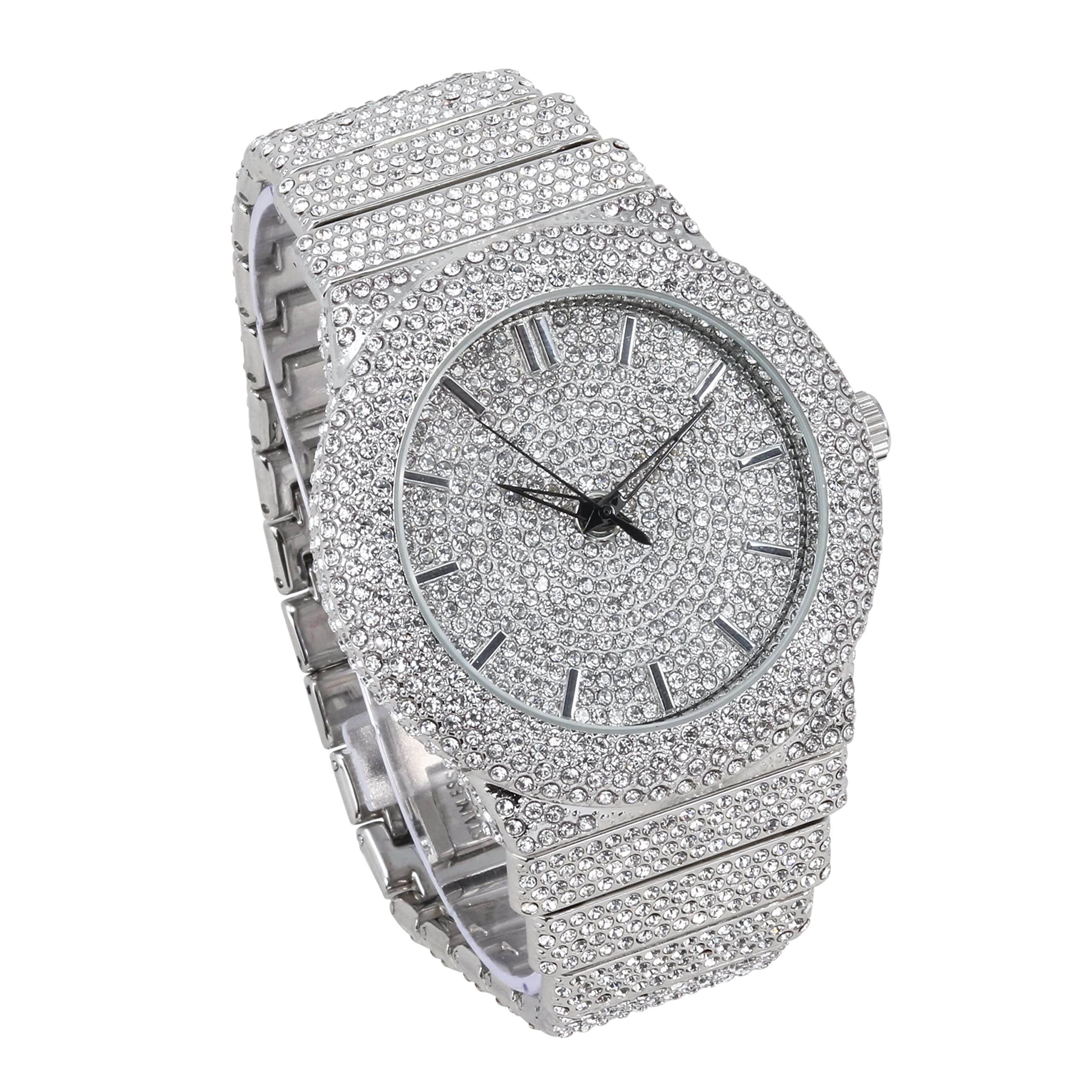 Men's 46mm Iced Out Round Watch and Cuban Link Bracelet Set