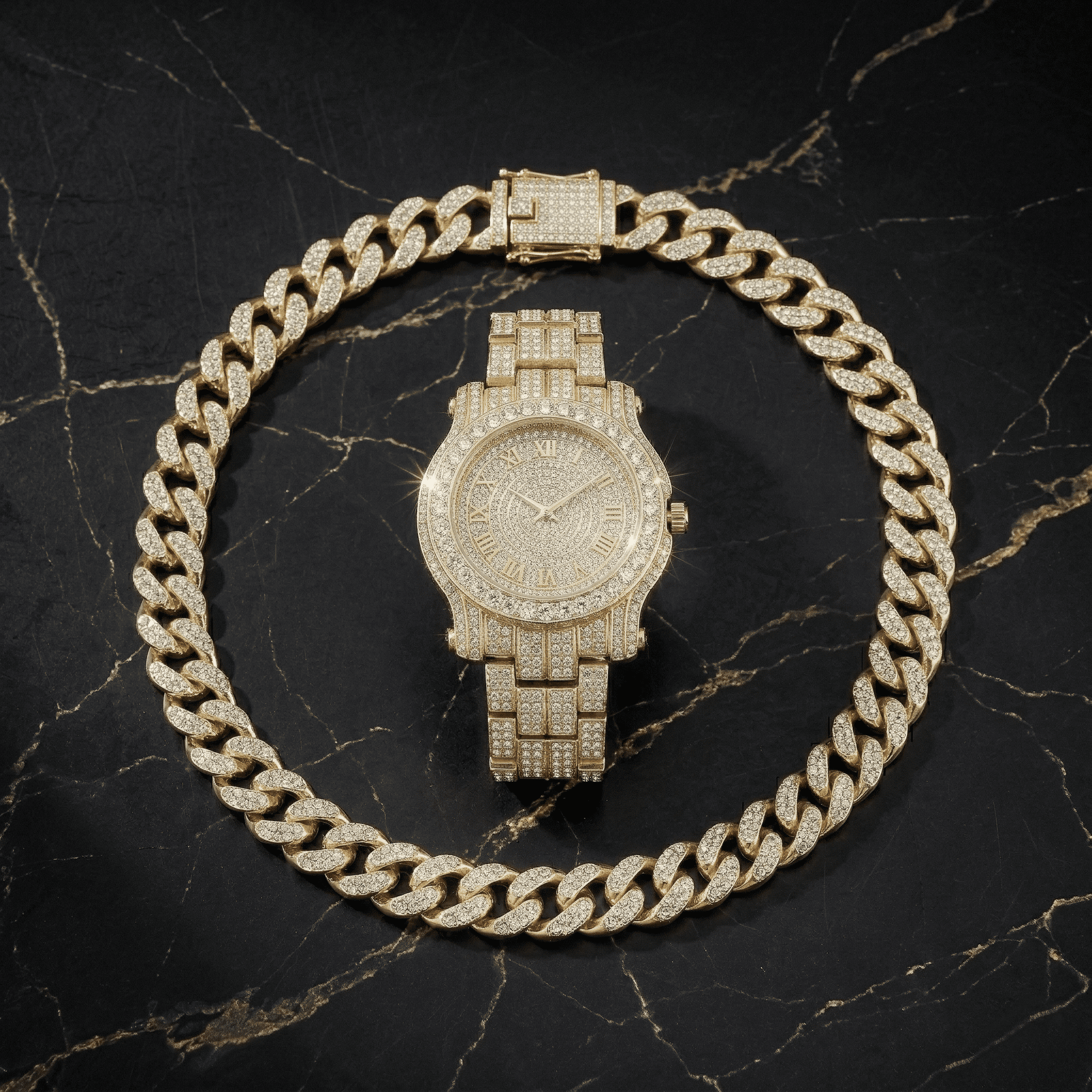 Men's 45mm Iced Out Roman Dial Watch and Cuban Chain Set