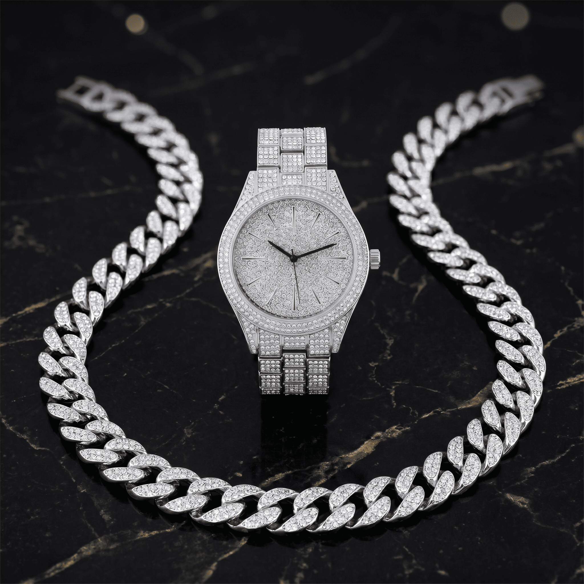 Men's 42mm Iced Out Round Watch and Cuban Chain Set