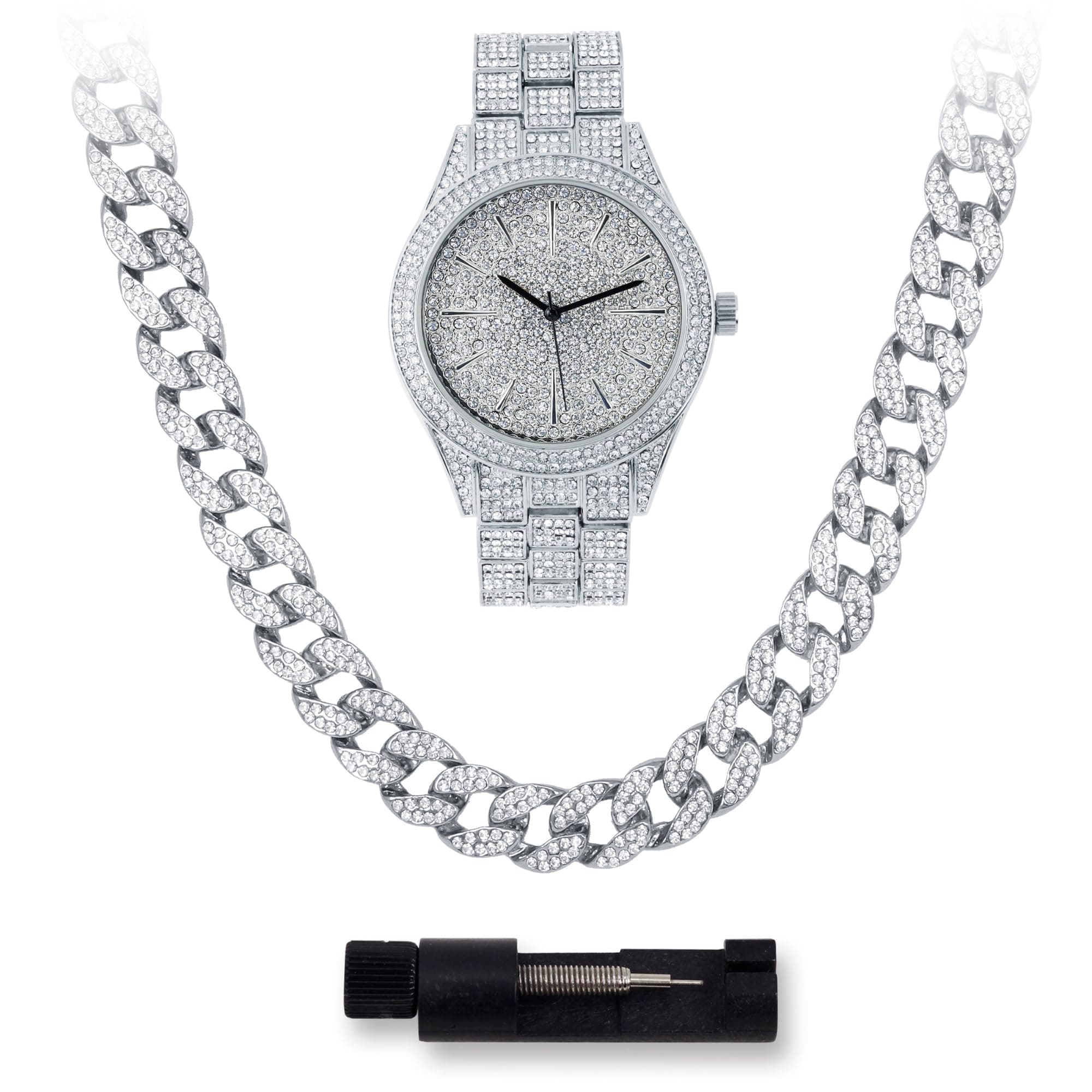 Men's 42mm Iced Out Round Watch and Cuban Chain Set