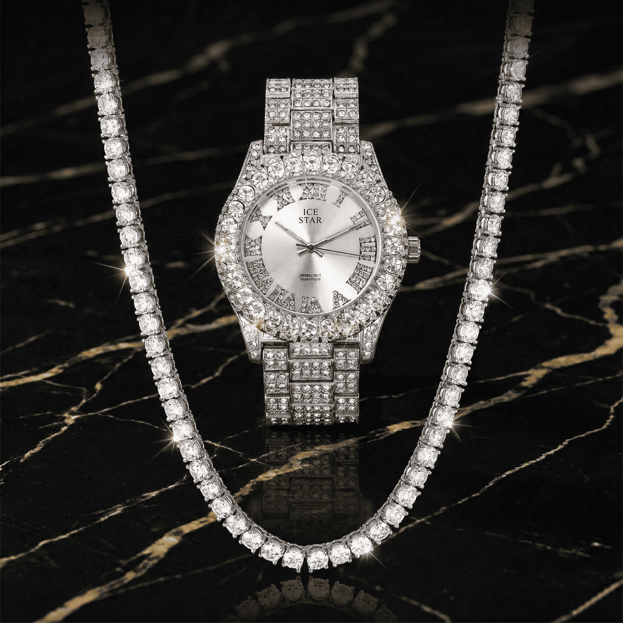 Women's 44mm Iced Out Solitaire Watch and Chain Set