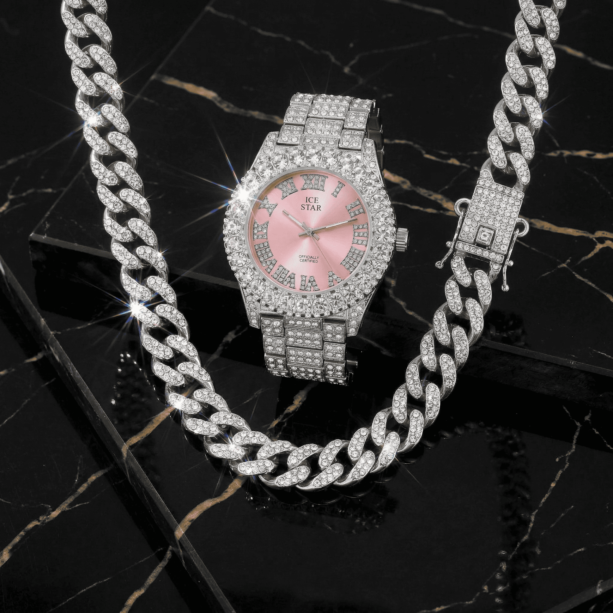 Women's 44mm Iced Out Solitaire Watch and Chain Set