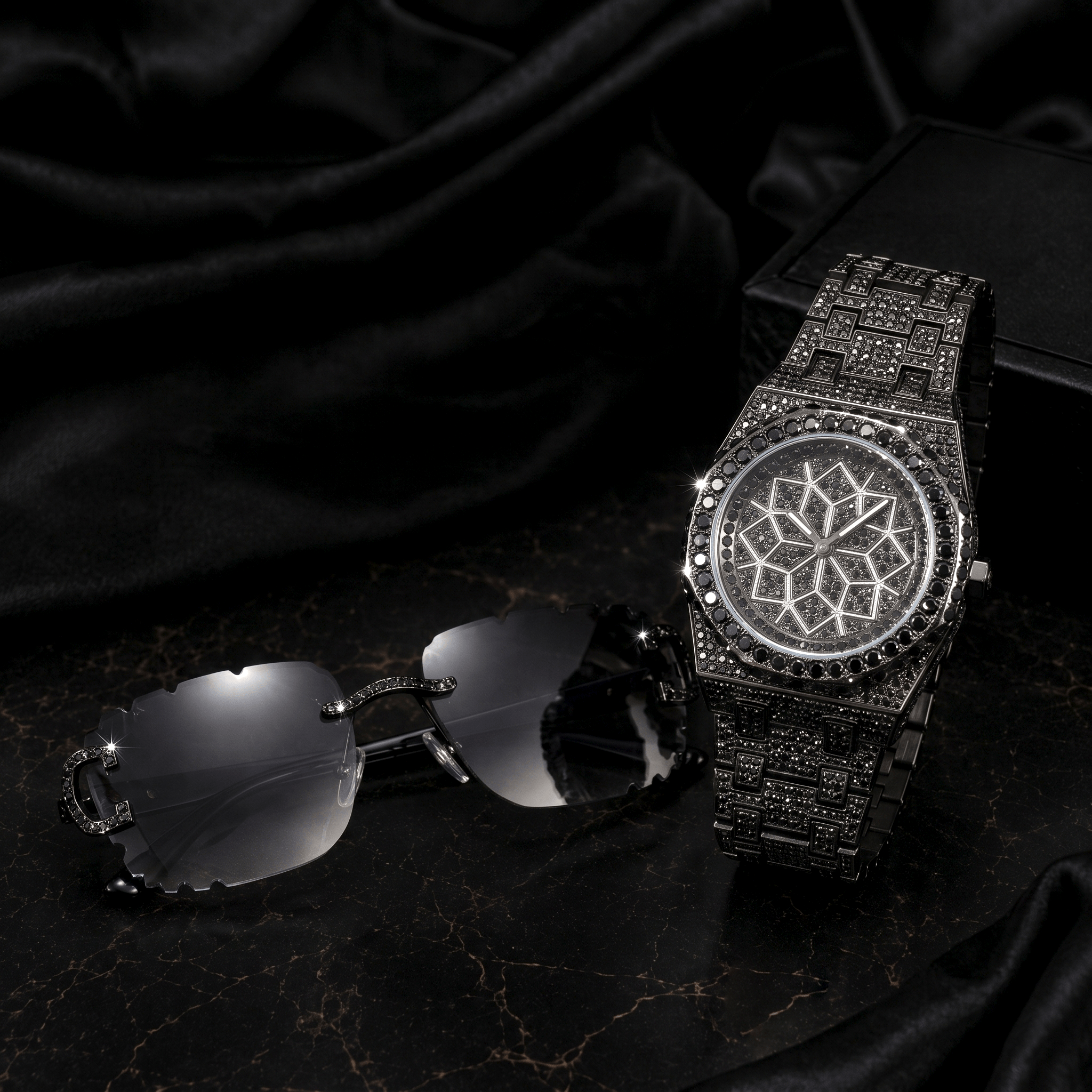 Men's 43mm Iced Out Octagon Watch & Rimless Black Lens Sunglasses Set