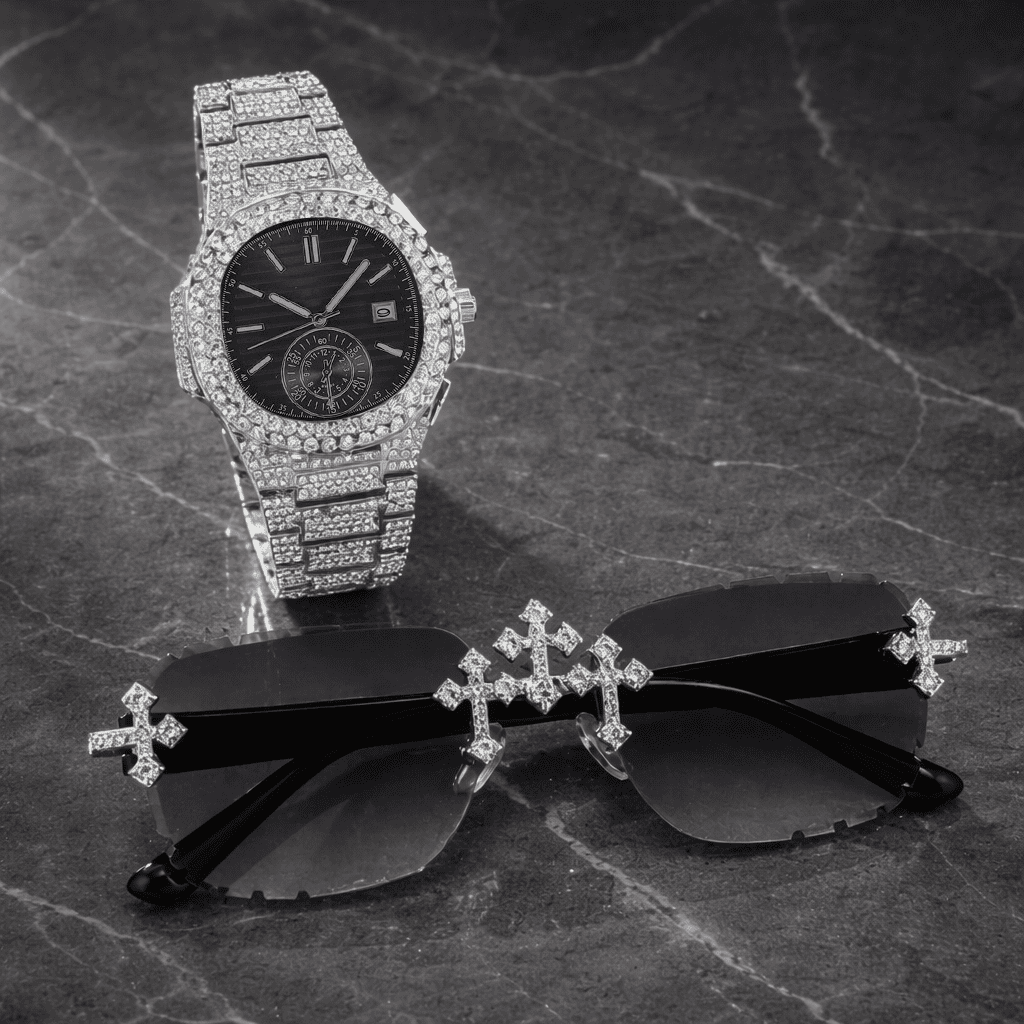 Men's 43mm Iced Out Cushion Watch and Triple Cross Sunglasses Set