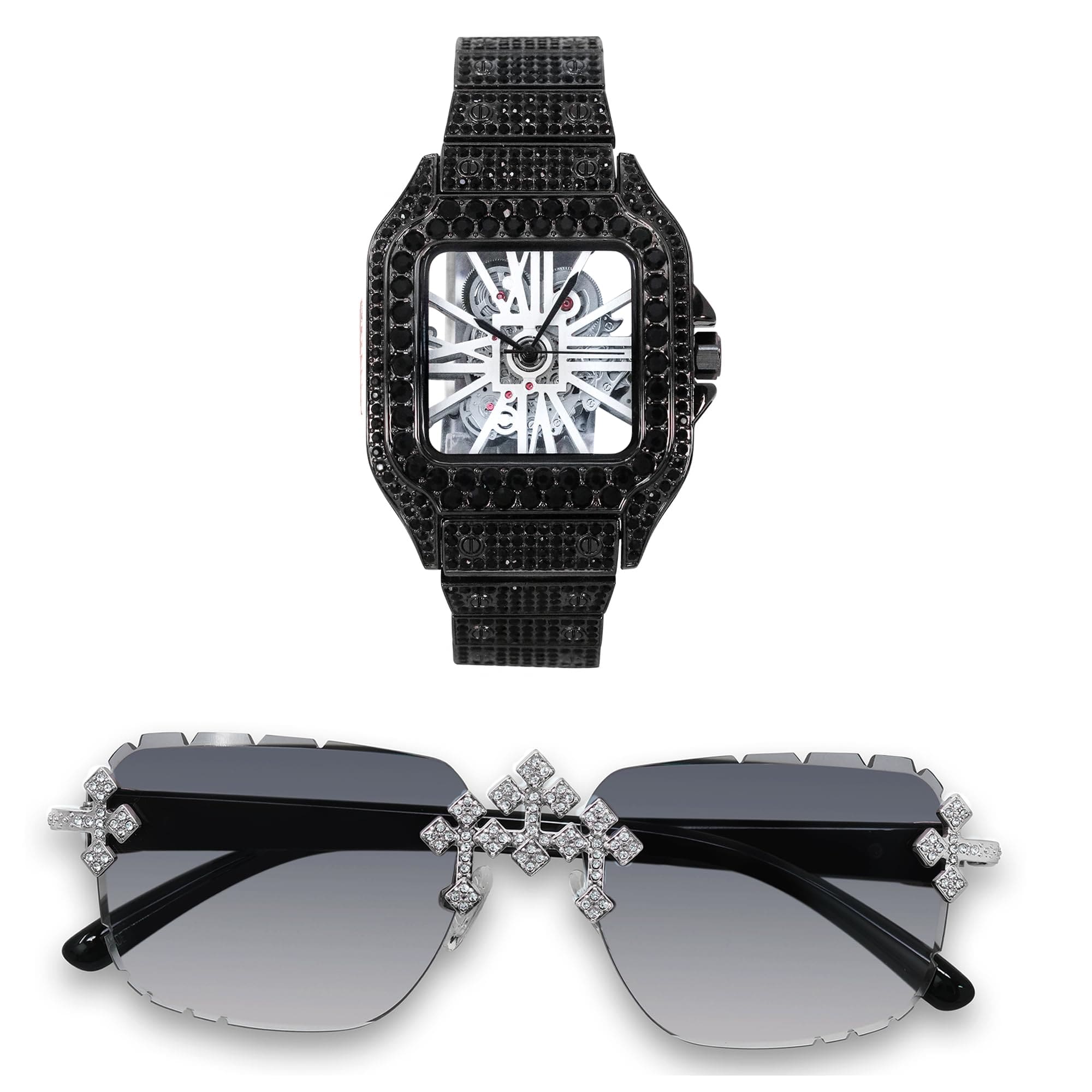 Men's 40mm Iced Out Skeleton Dial Watch and Triple Cross Sunglasses Set