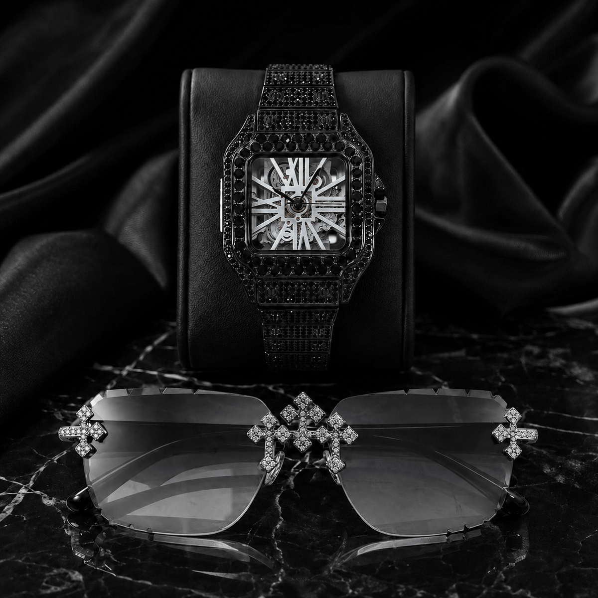 Men's 40mm Iced Out Skeleton Dial Watch and Triple Cross Sunglasses Set