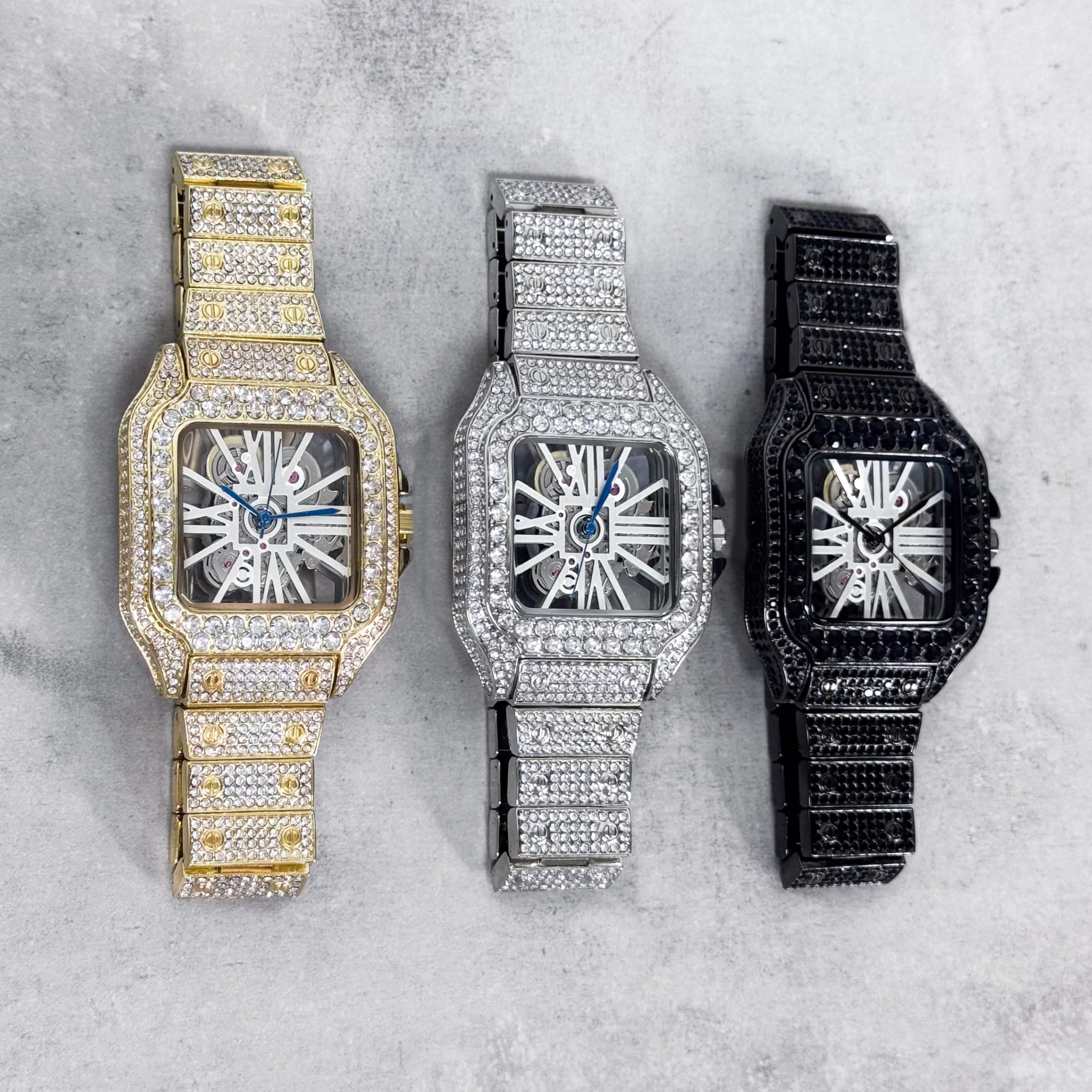 Men's 40mm Iced Out Skeleton Dial Watch and Triple Cross Sunglasses Set