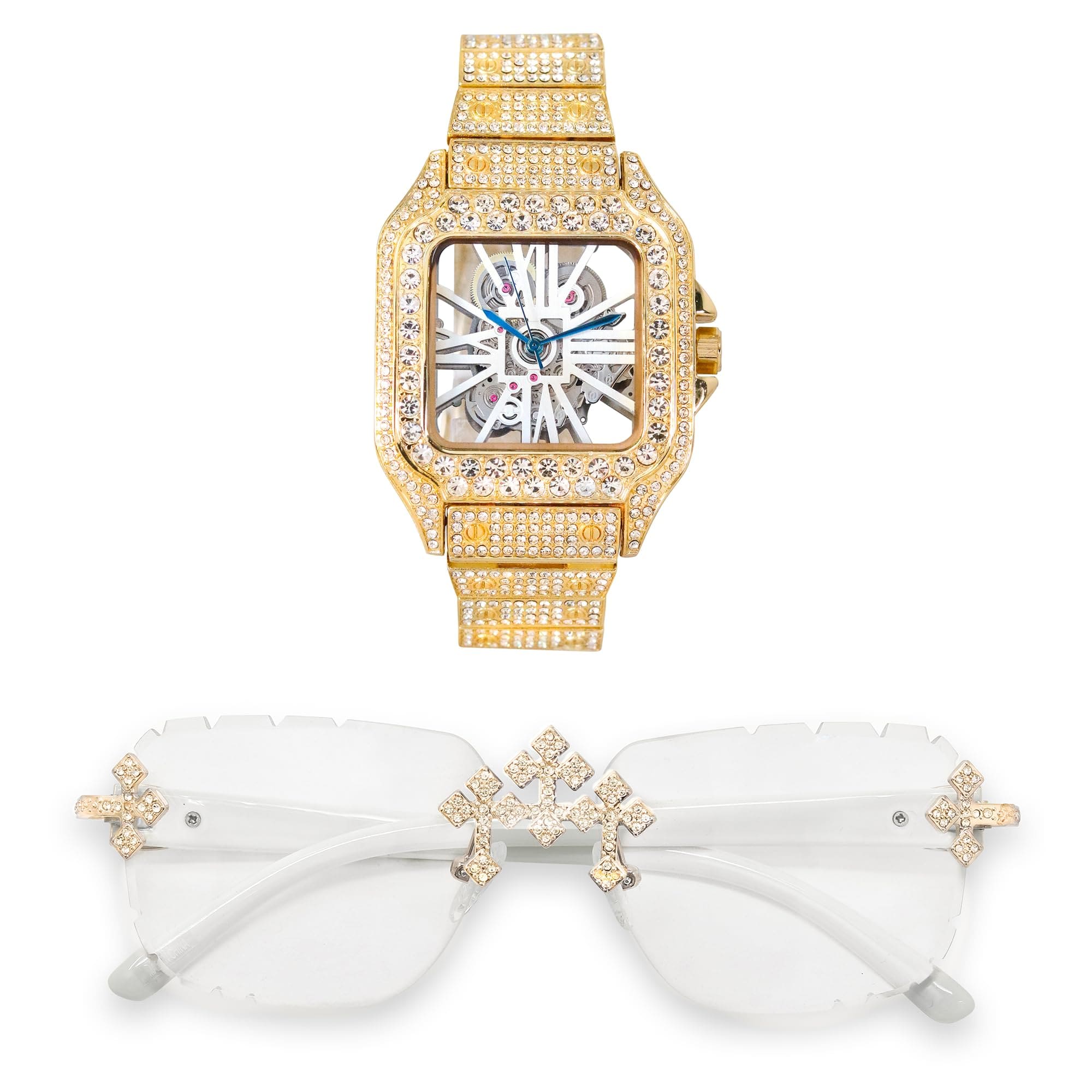 Men's 40mm Iced Out Skeleton Dial Watch and Triple Cross Sunglasses Set