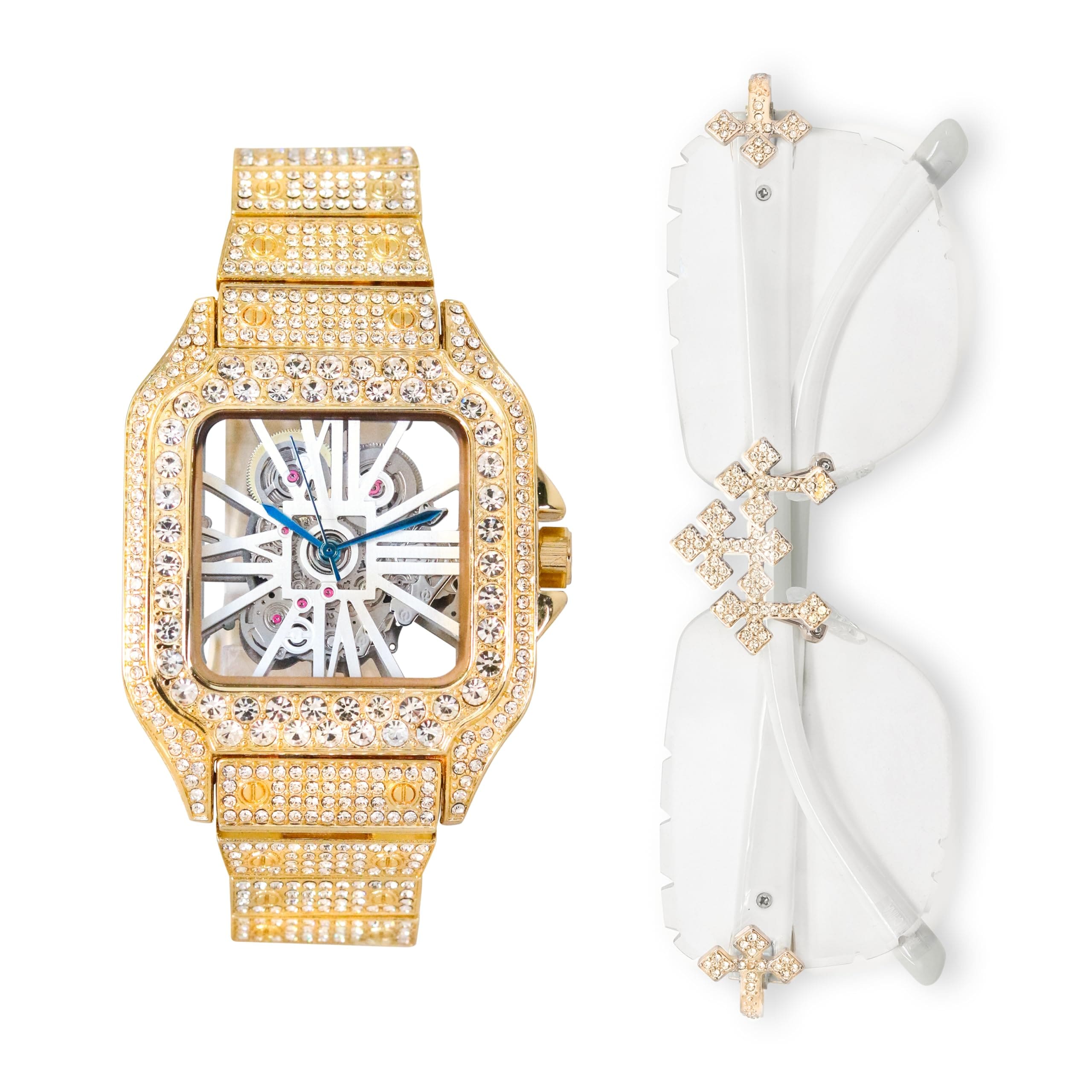 Men's 40mm Iced Out Skeleton Dial Watch and Triple Cross Sunglasses Set
