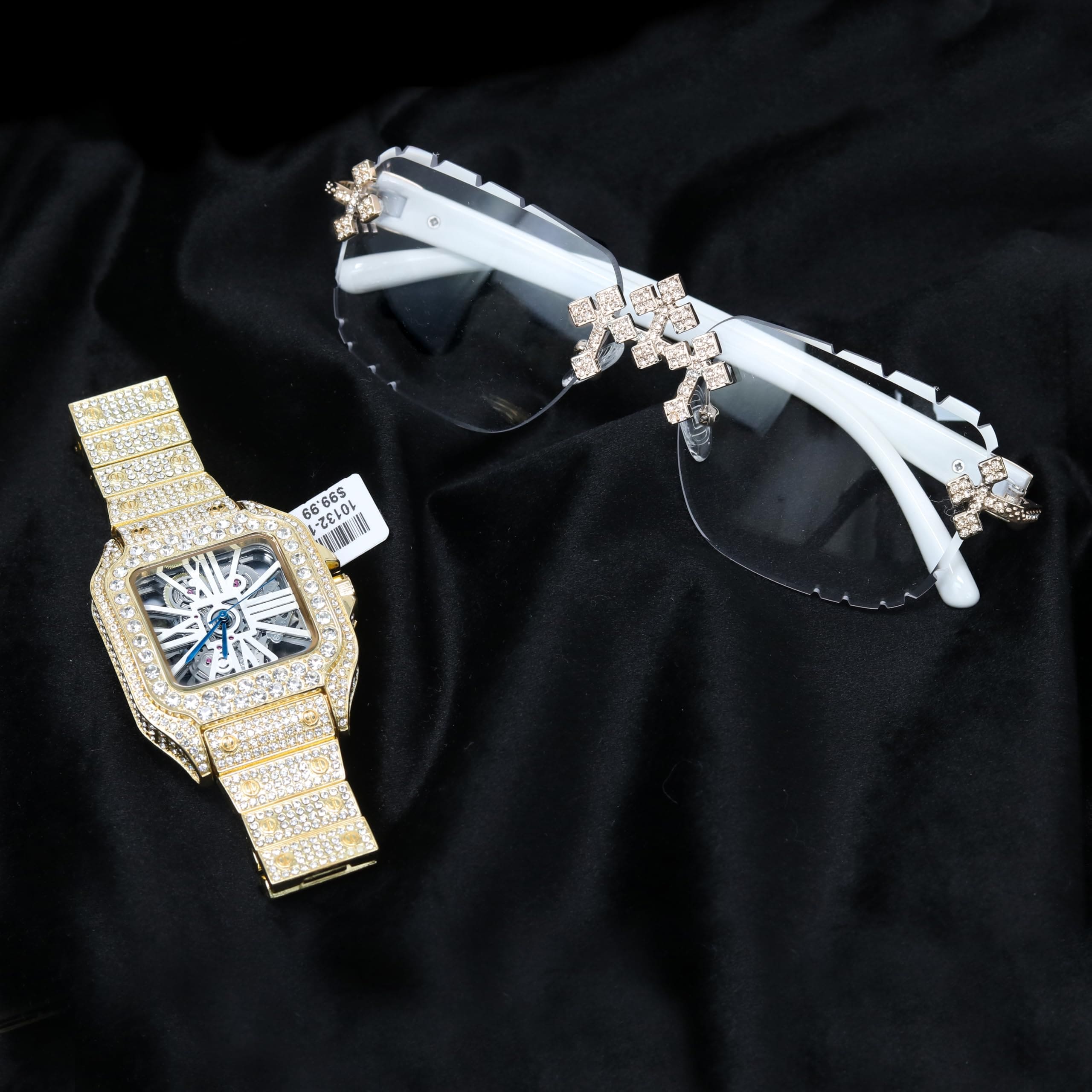 Men's 40mm Iced Out Skeleton Dial Watch and Triple Cross Sunglasses Set