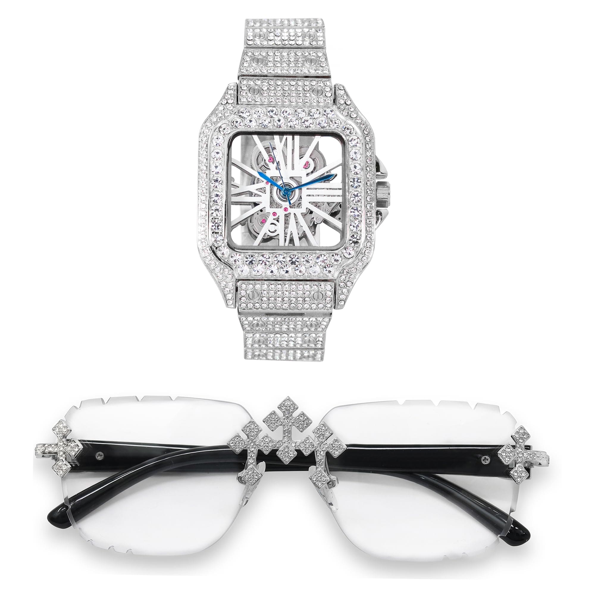 Men's 40mm Iced Out Skeleton Dial Watch and Triple Cross Sunglasses Set