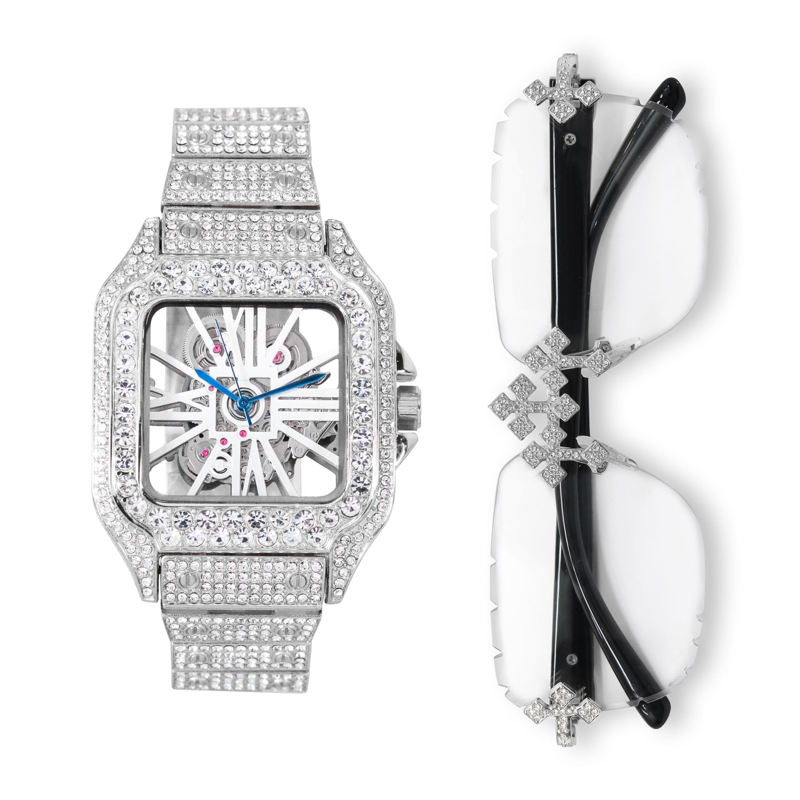 Men's 40mm Iced Out Skeleton Dial Watch and Triple Cross Sunglasses Set