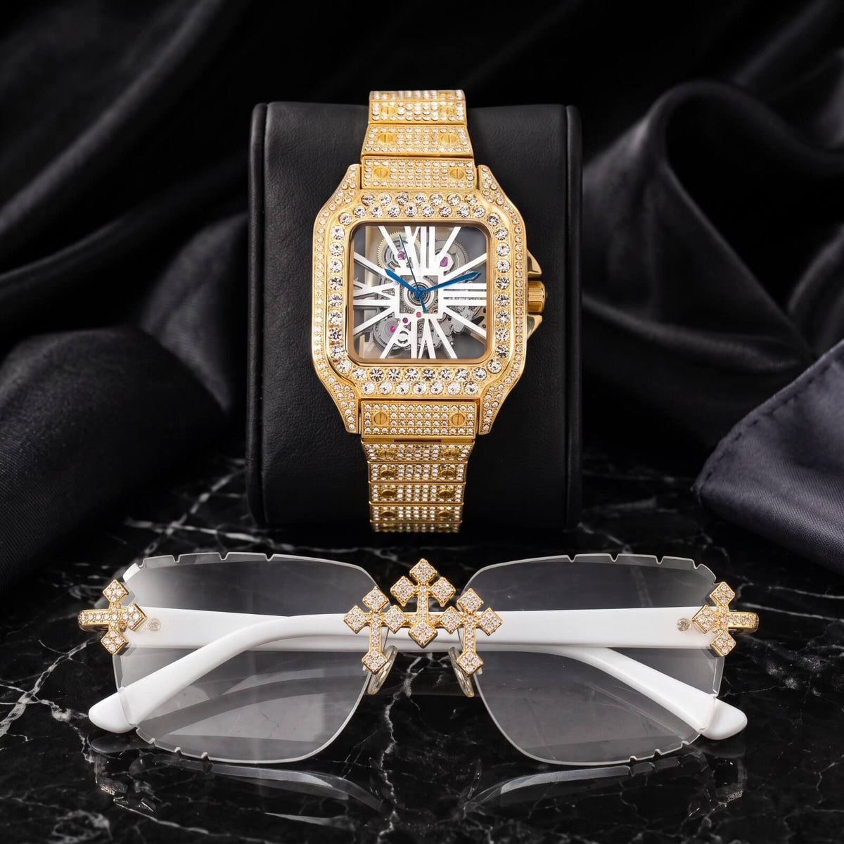 Men's 40mm Iced Out Skeleton Dial Watch and Triple Cross Sunglasses Set