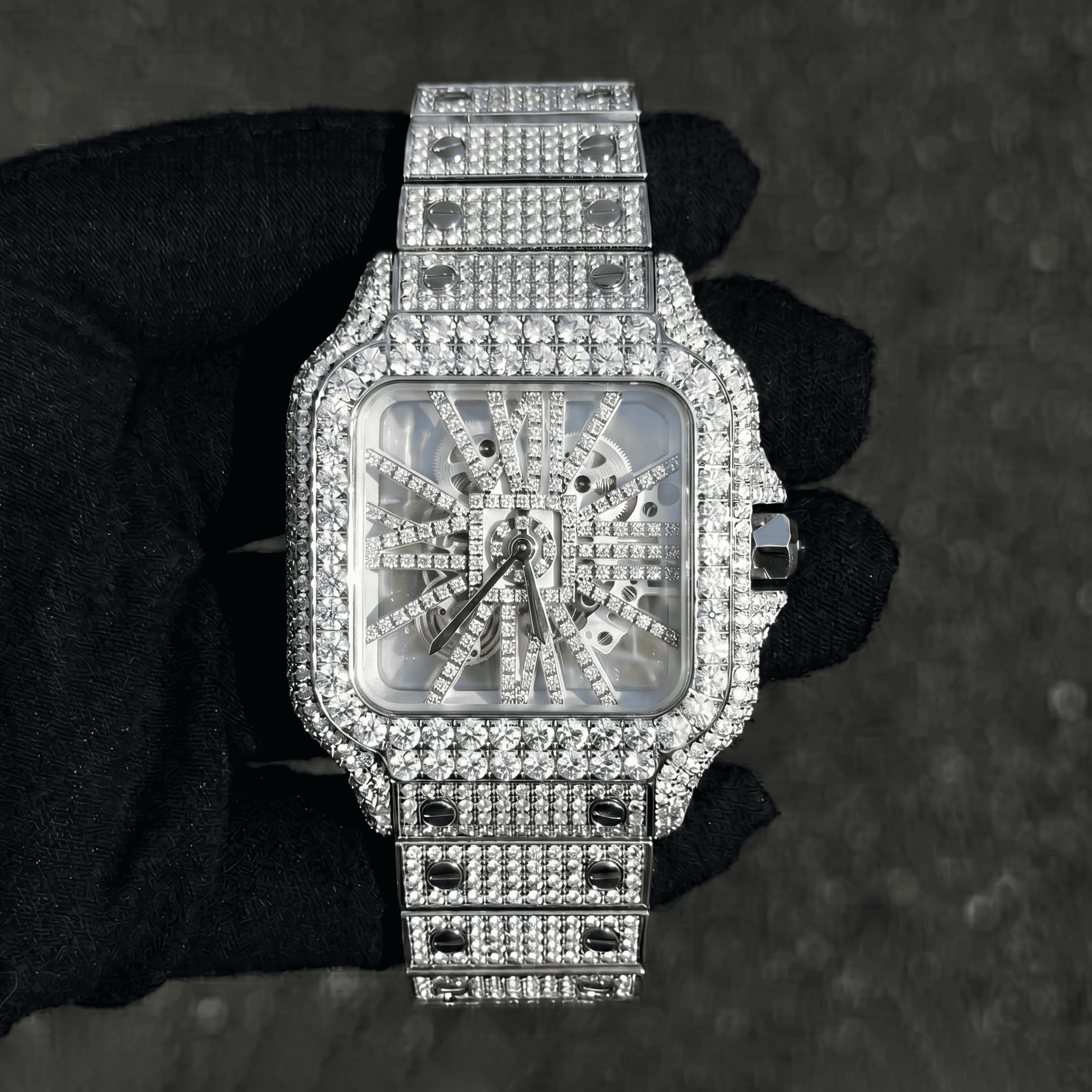Men's 38mm Iced Out Skeleton Moissanite Stainless Steel Watch - Square Shape, Automatic Movement