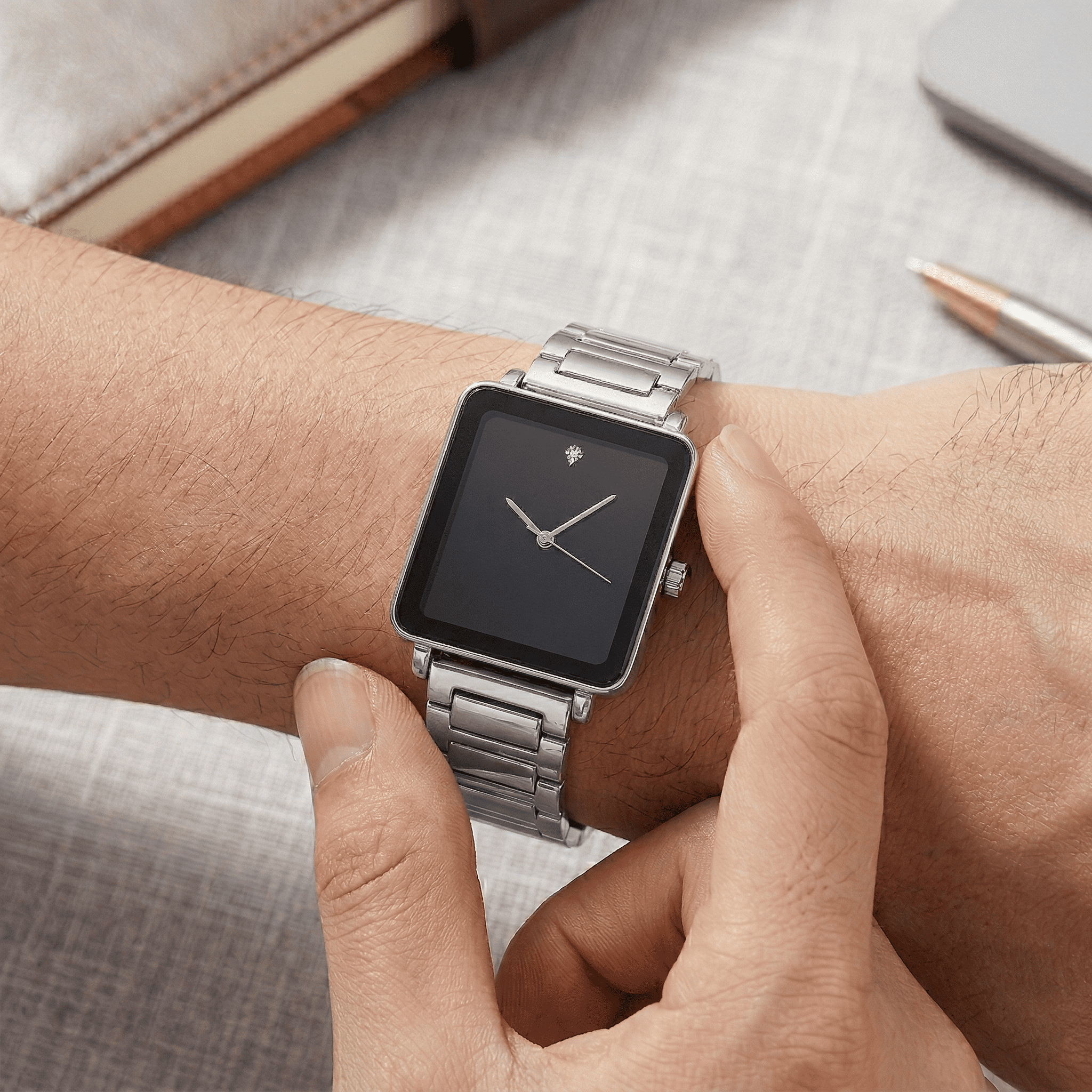 Men’s 33mm Square Dial Watch - Metal Band, Quartz Movement
