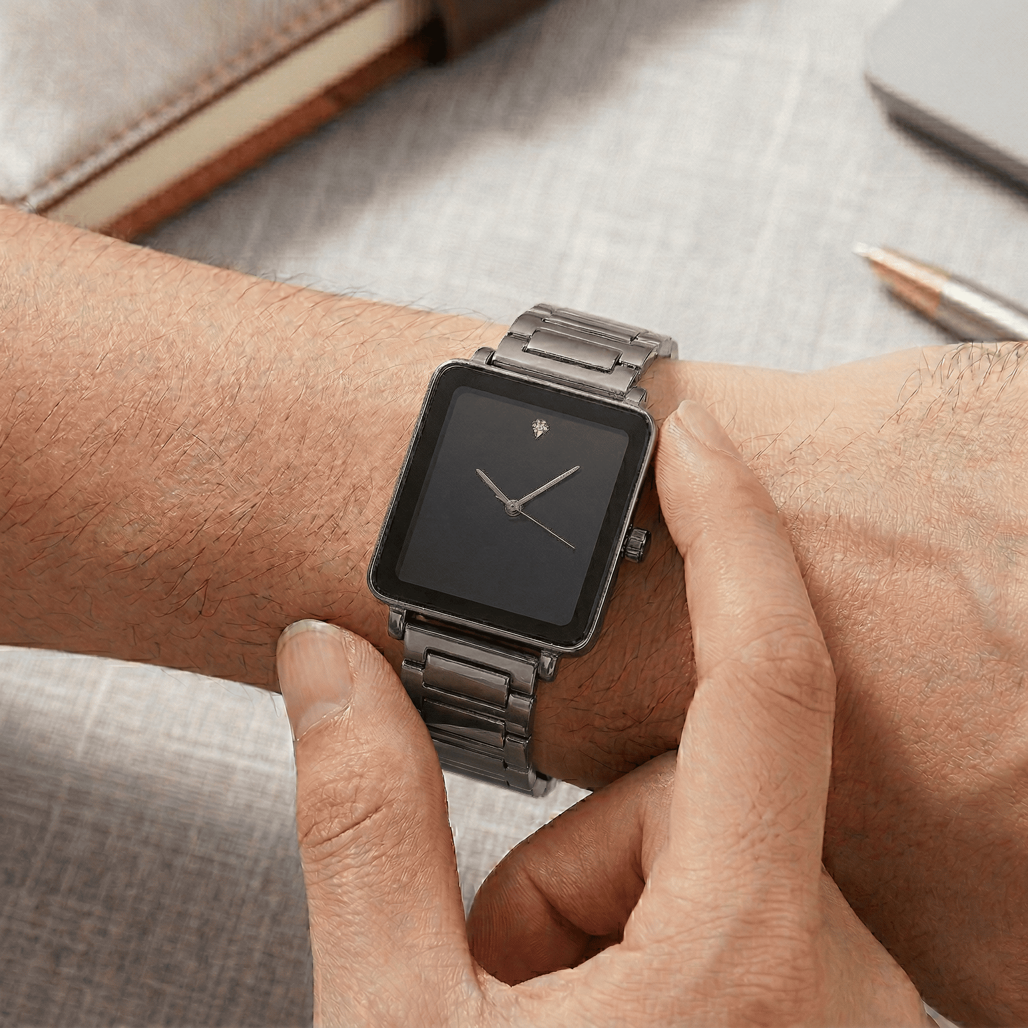 Men’s 33mm Square Dial Watch - Metal Band, Quartz Movement