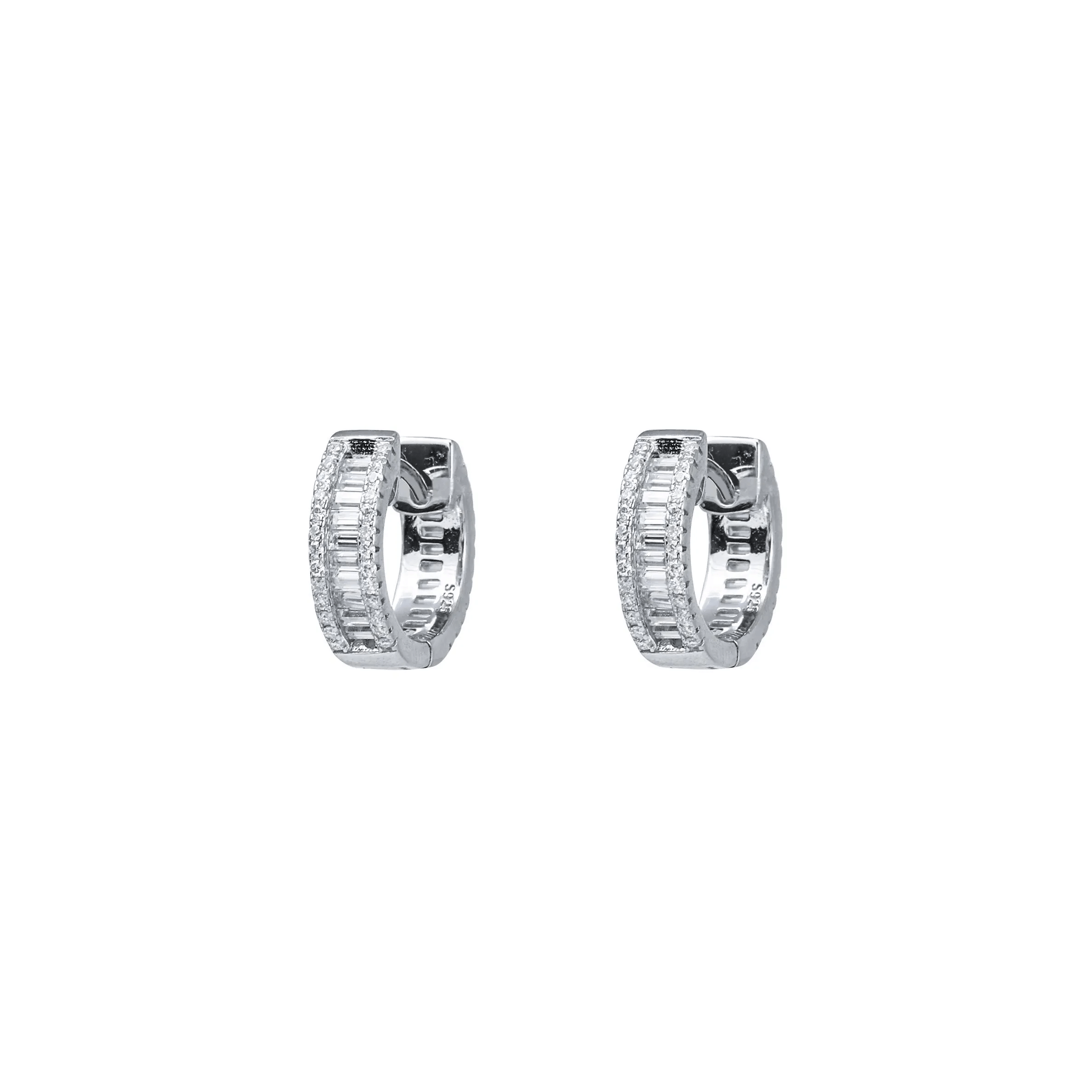 Silver baguette huggie Moissanite diamond earrings with double-row design in sterling silver.