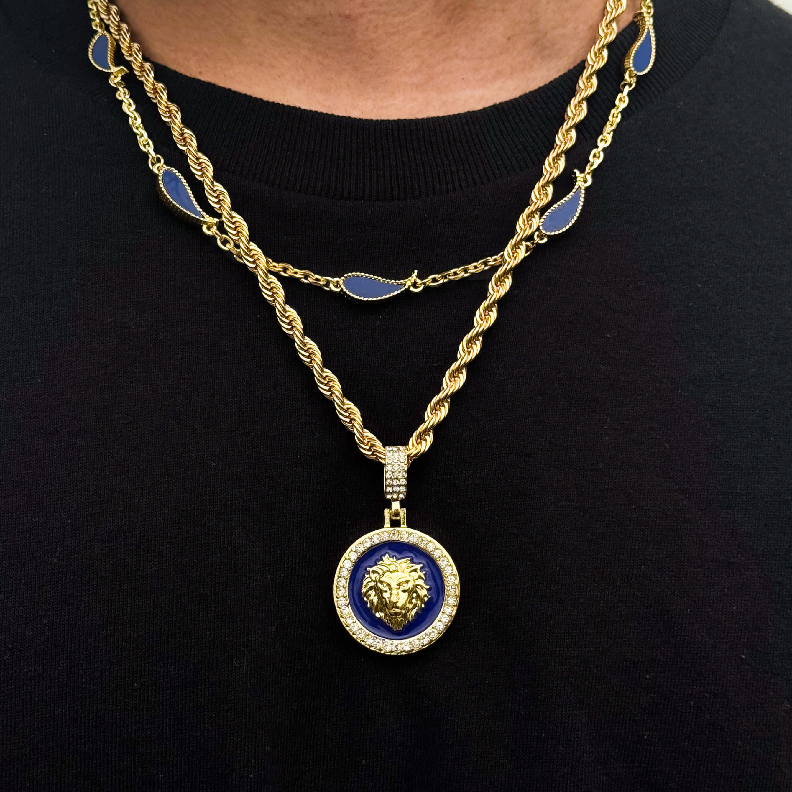 Men's Medium Iced Out Blue Lion Medallion Pendant with 4mm Rope Necklace