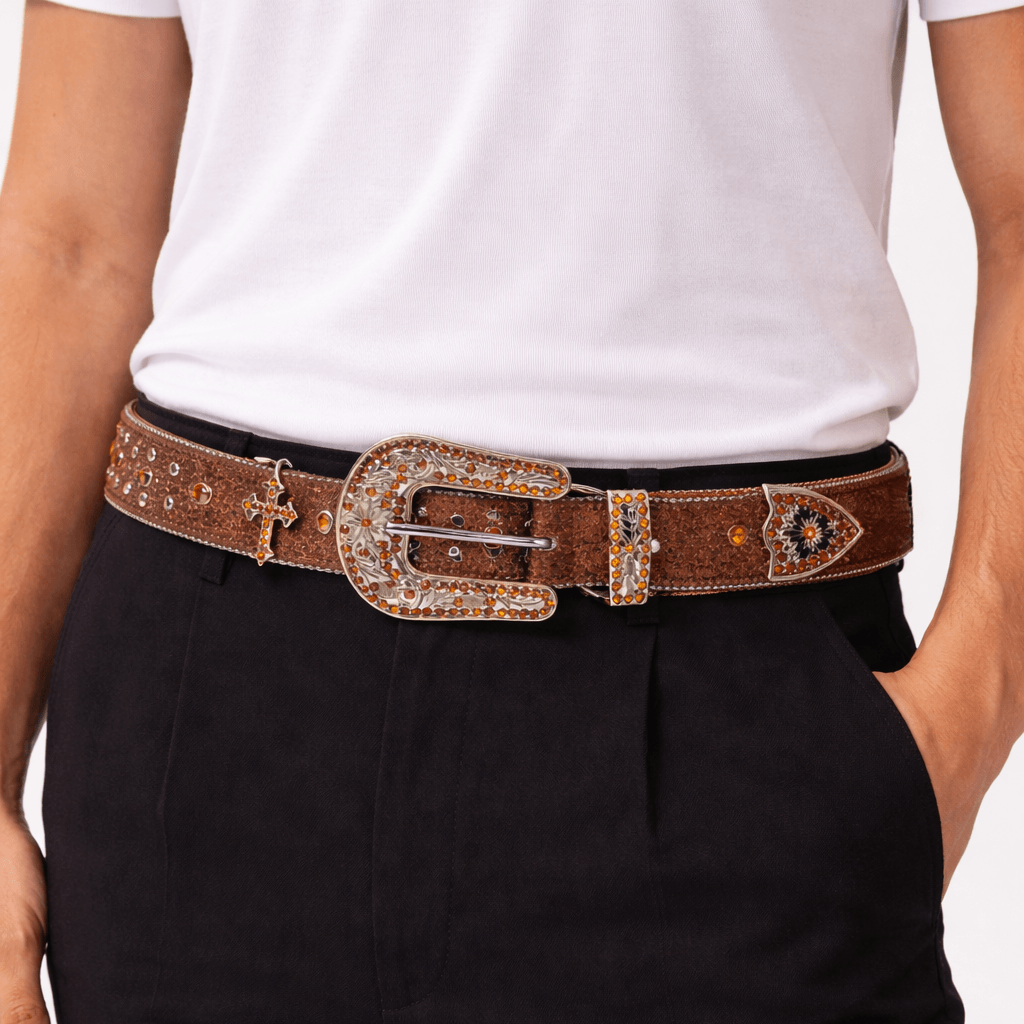 Iced Out Faux Leather Belt with Cross Details