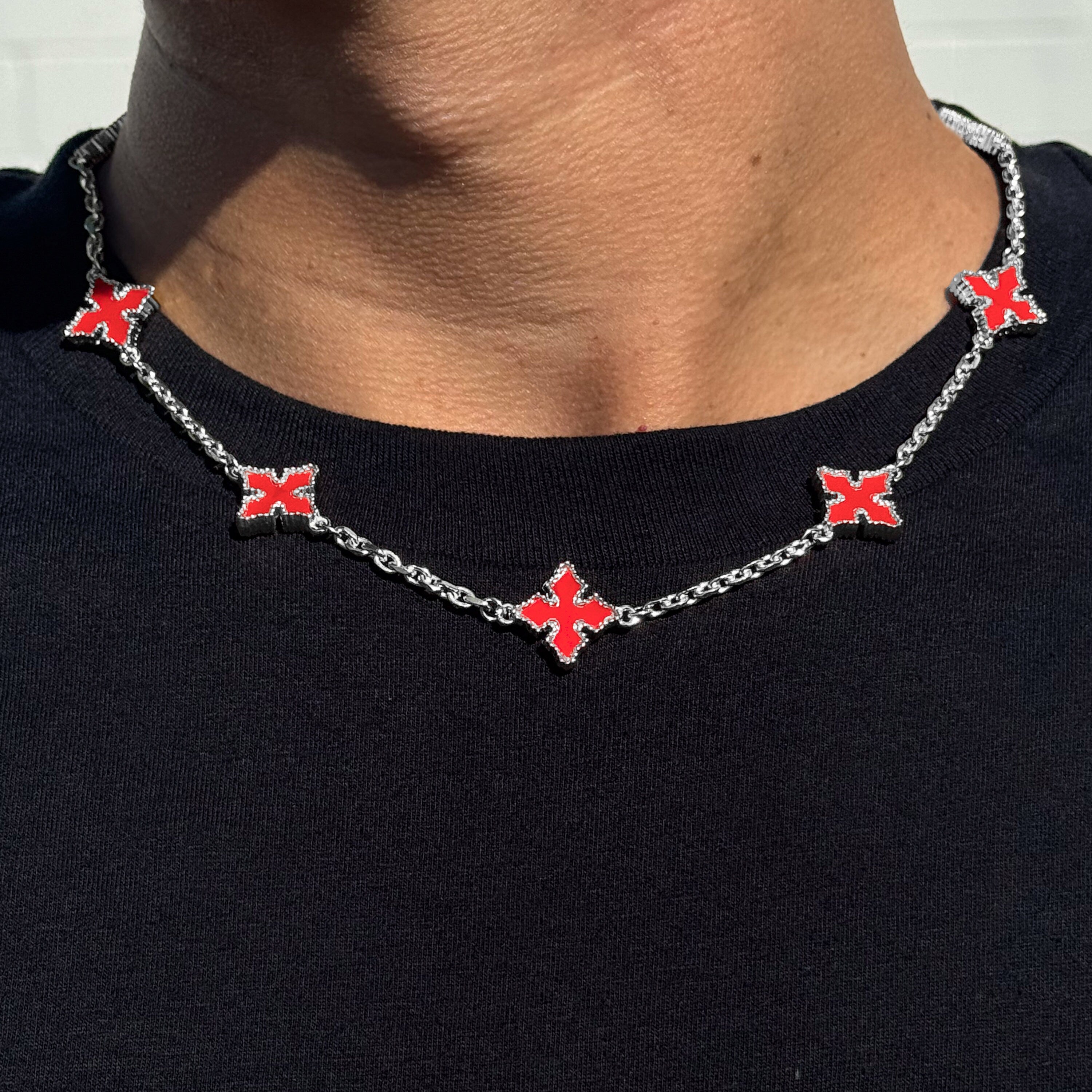 Multi Cross Chrome Inspired Chain - Red in silver with bold red enamel cross links, close-up worn necklace view.
