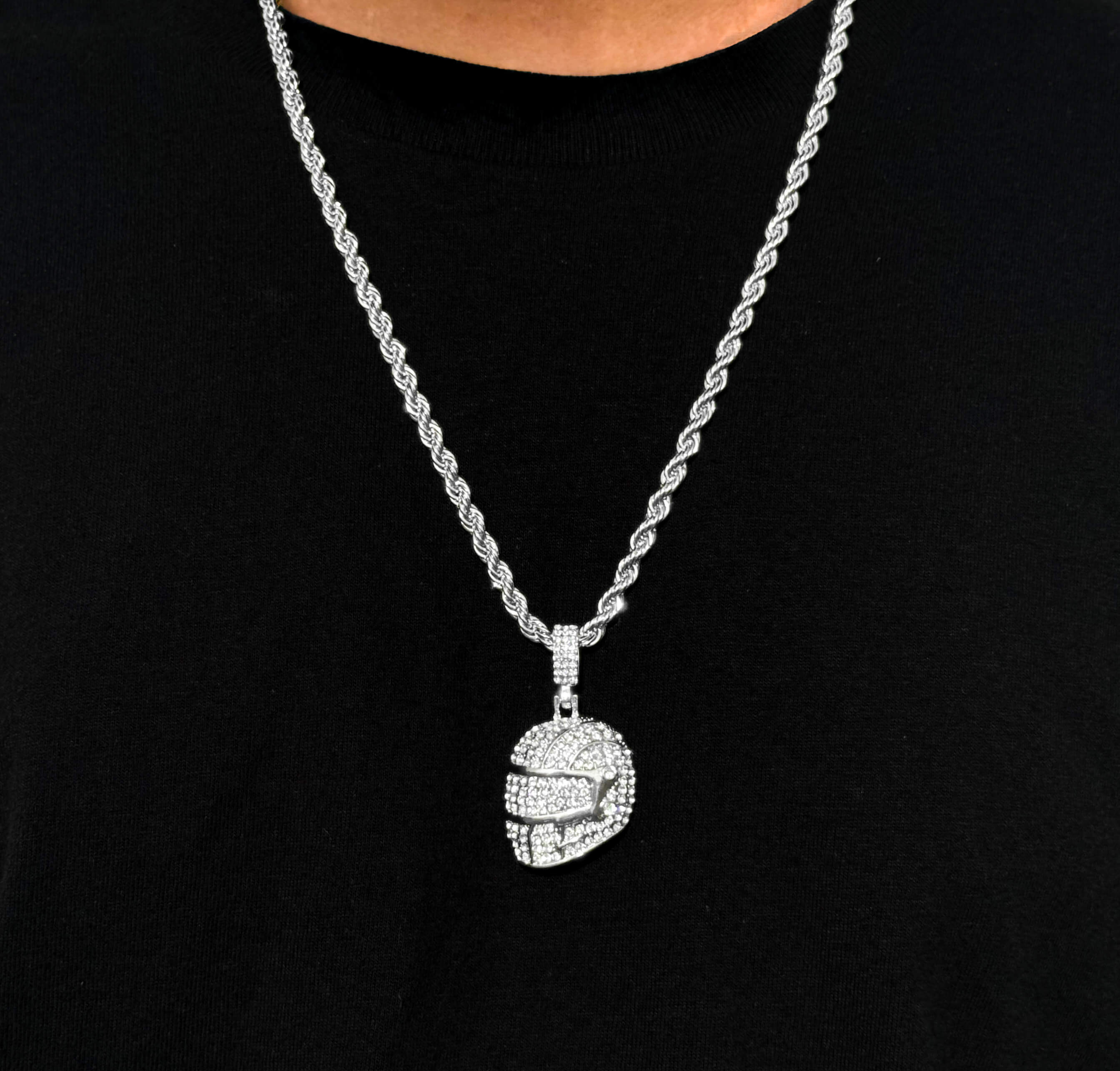 Men's iced out biker helmet pendant on silver 4mm rope necklace, detailed sparkling hip hop jewelry.