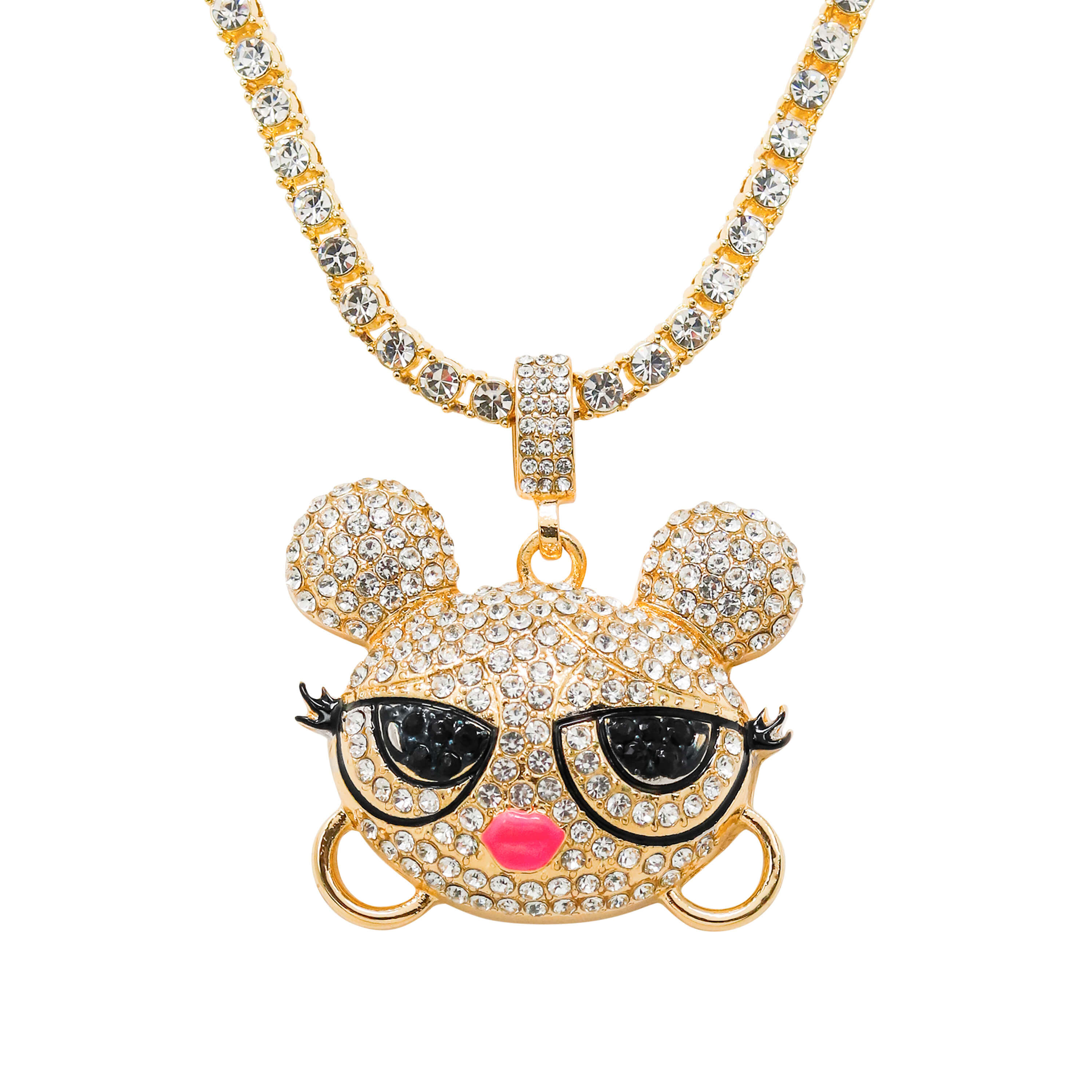 Iced Out Baddie Doll Pendant with Tennis Chain in gold, CZ bear face with shades and pink lips.