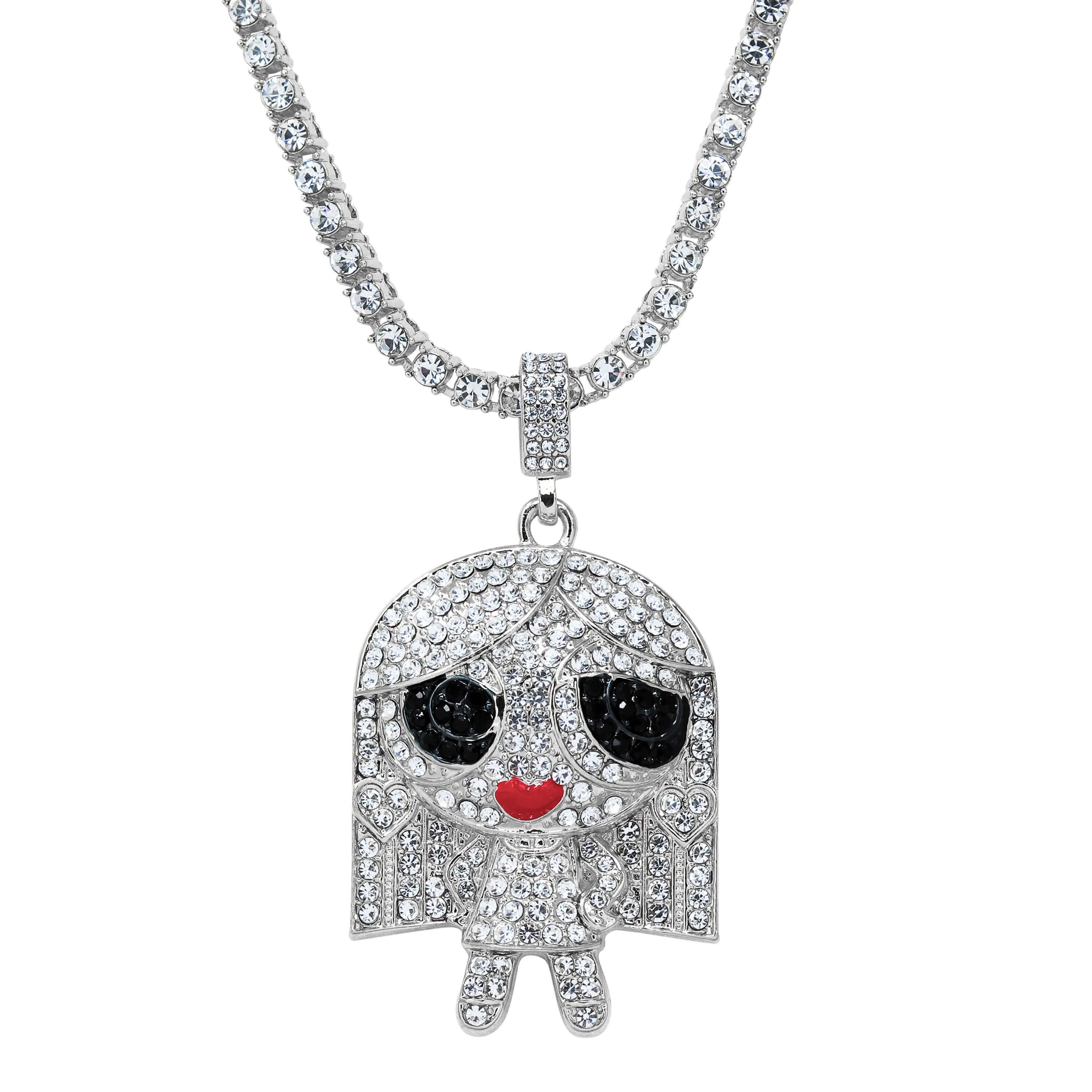 Iced Out Stand on Business Doll Pendant with Tennis Chain in silver, CZ stones and red lips.