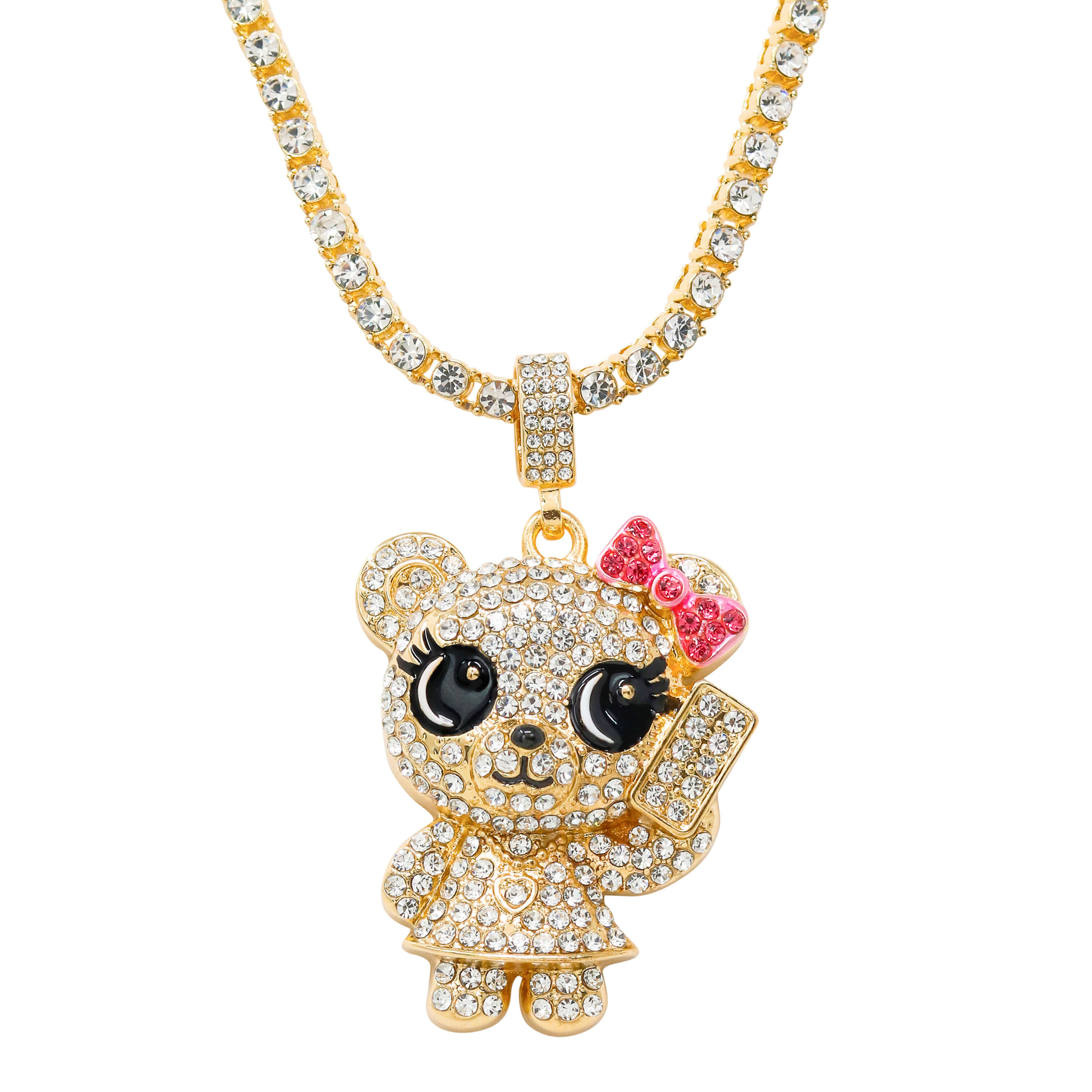 Iced Out Call Me Bear Pendant with tennis chain, gold finish, crystal bear holding phone.