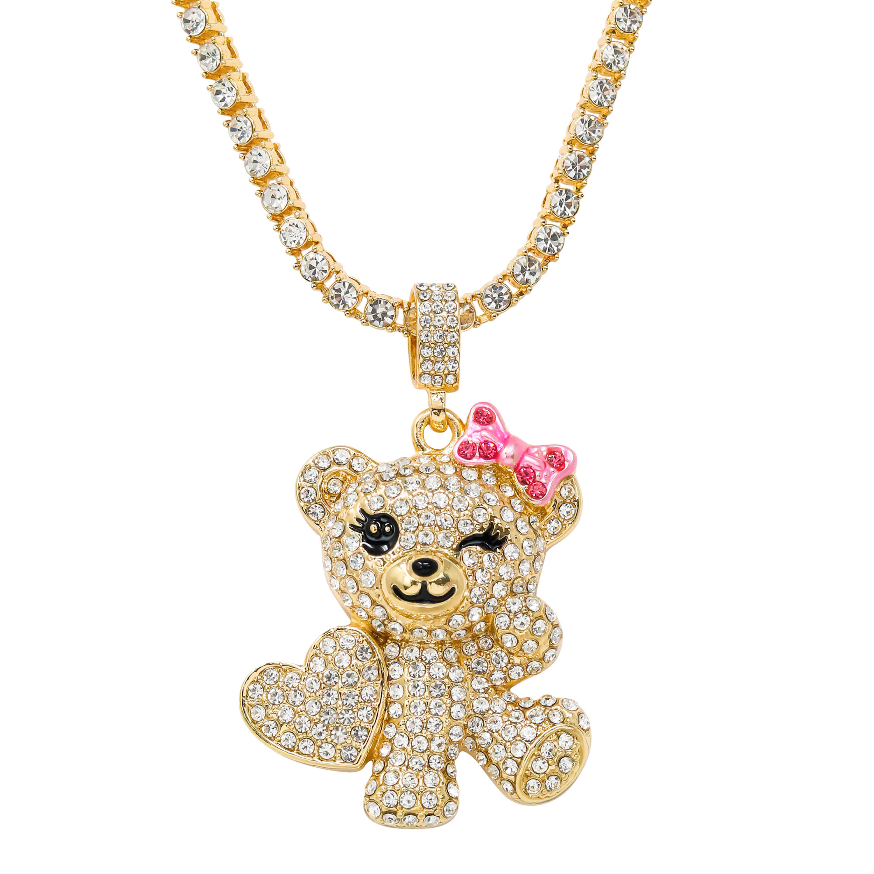 Iced Out Flirty Bear Pendant with tennis chain, gold finish, crystal bear with pink bow.