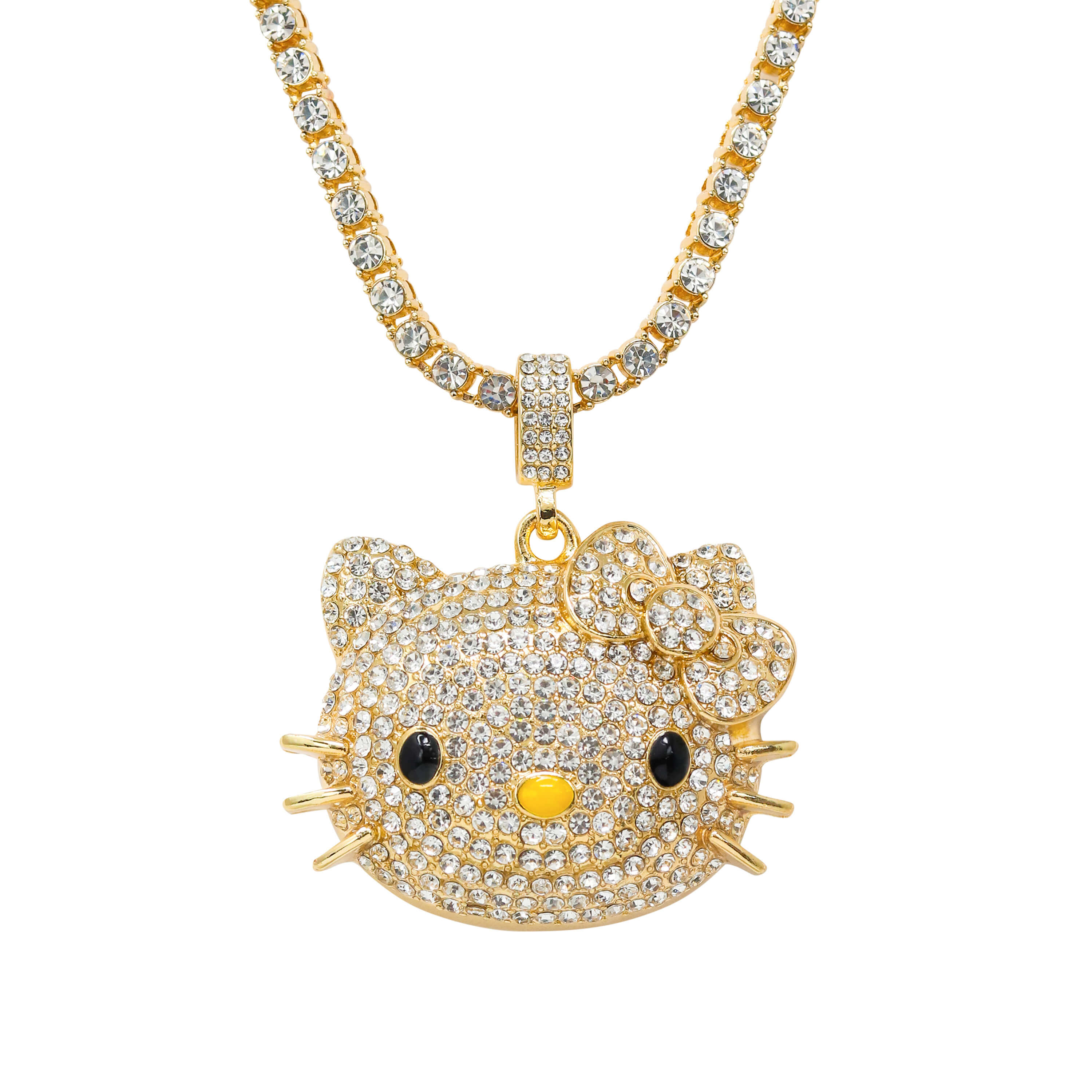 Iced Out Kitty Pendant with Tennis Chain in gold finish, fully iced cubic zirconia cat face.