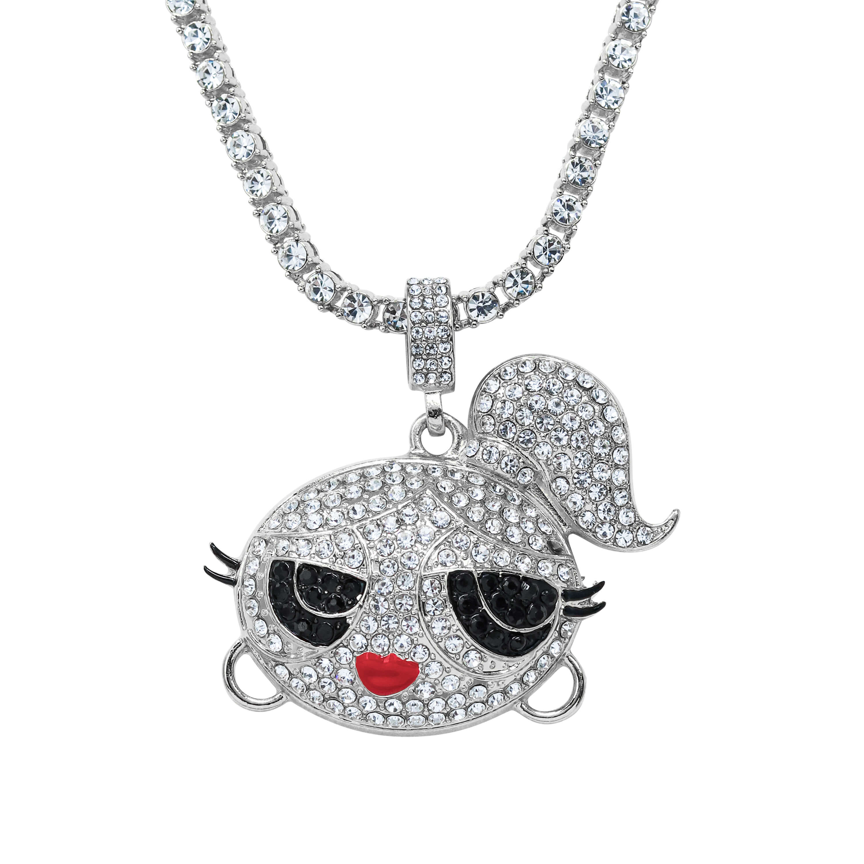Iced Out Ponytail Doll Pendant with Tennis Chain in silver, CZ stones, ponytail and red lips.