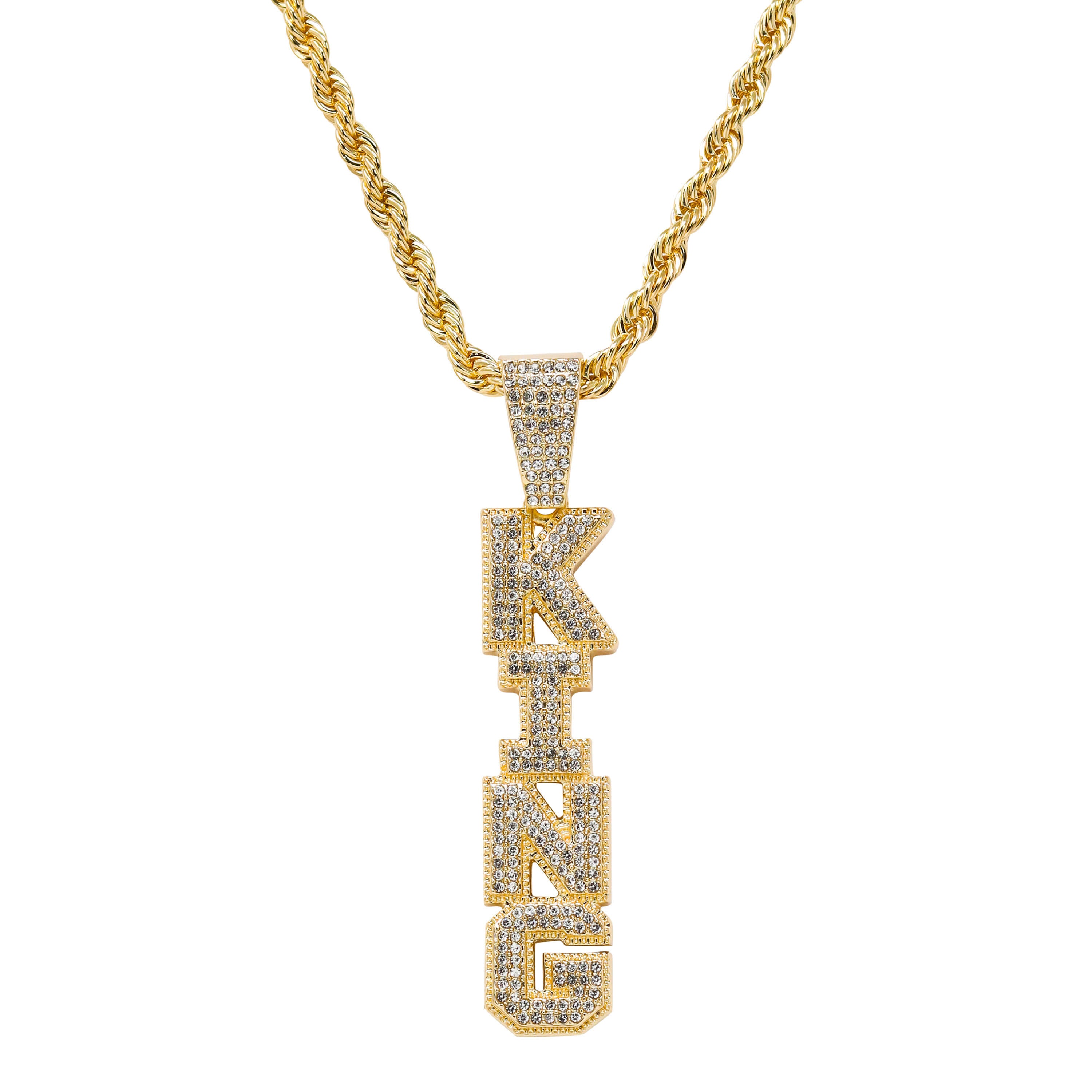 Iced out Vertical King Pendant in gold finish with pavé CZ letters on rope chain necklace.